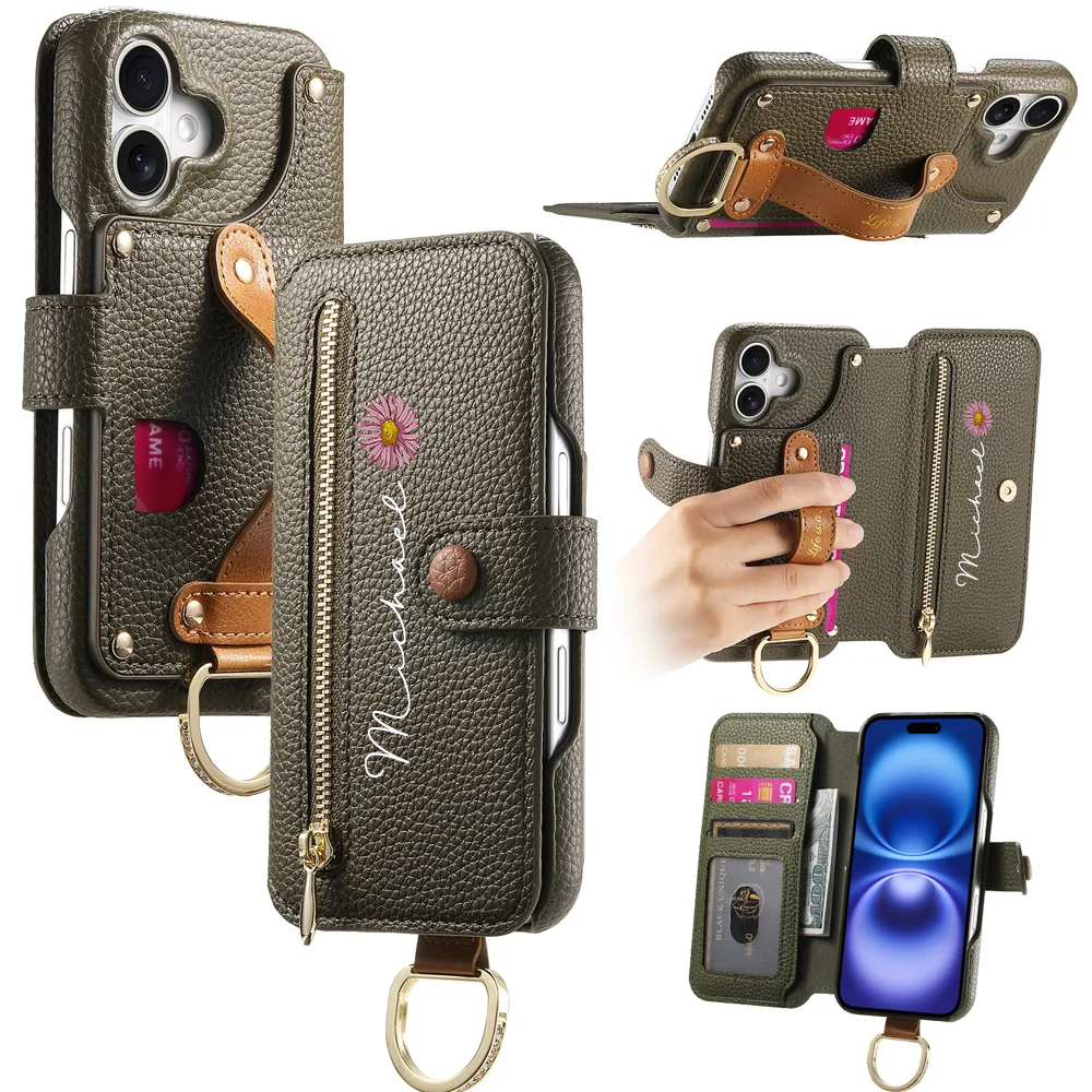 Personalized Birth Flower Name Leather Flip Wallet Phone Case for iPhone with Card Holder RFID Blocking Gift for Family Friend