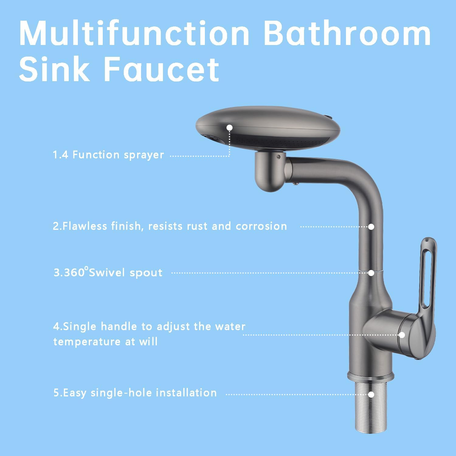 Bathroom Sink Faucet 1 Hole, Chrome Multifunctional Basin Faucet with 4 Water Outlet Modes, Modern 360°Rotatable Bar Tap with Two Water Supply Pipes