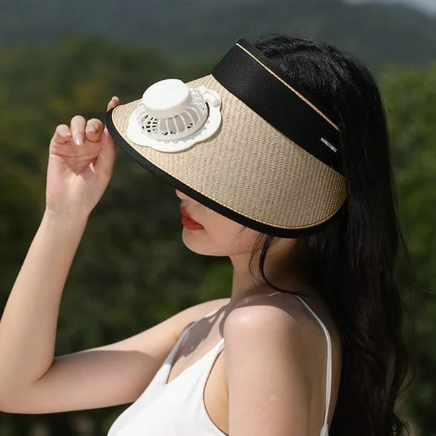 Sun hat with fan, hollow top, large brim, three-level adjustable