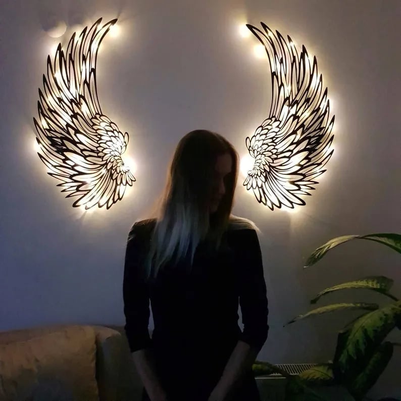 🎁送给她的礼物 - 1 对带 LED 灯的天使之翼金属壁画【买 2 件免运费】