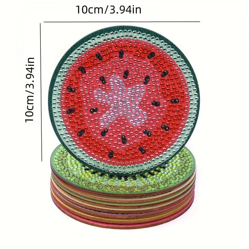 Product Introduction of Artificial Diamond Art Coaster, 8 Counts/set Fruit Pattern DIY Diamond Arts Colorful Painting Coaster With Stand, DIY Decorative Craft For Home Office Coffee Table 12
