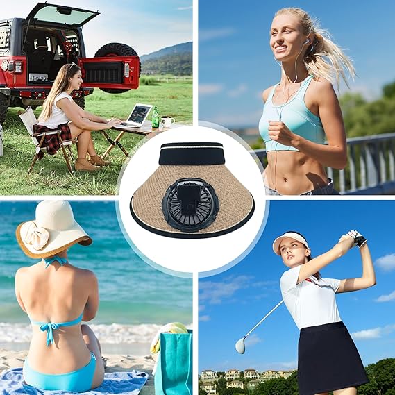 Sun hat with fan, hollow top, large brim, three-level adjustable