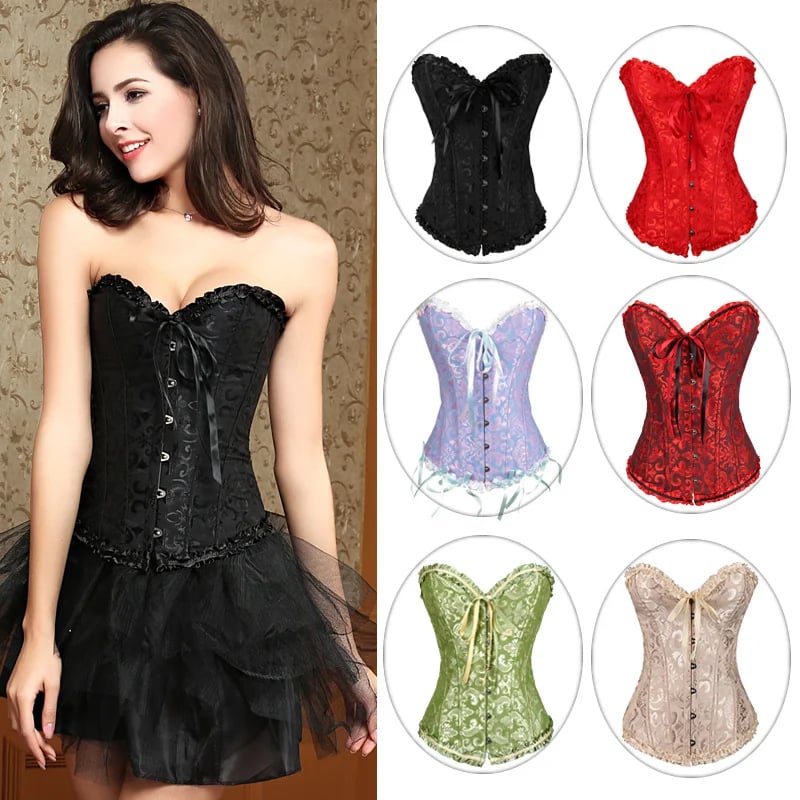 Women's Lacing Corset Top Satin Floral Boned Overbust Body Shaper Bustier