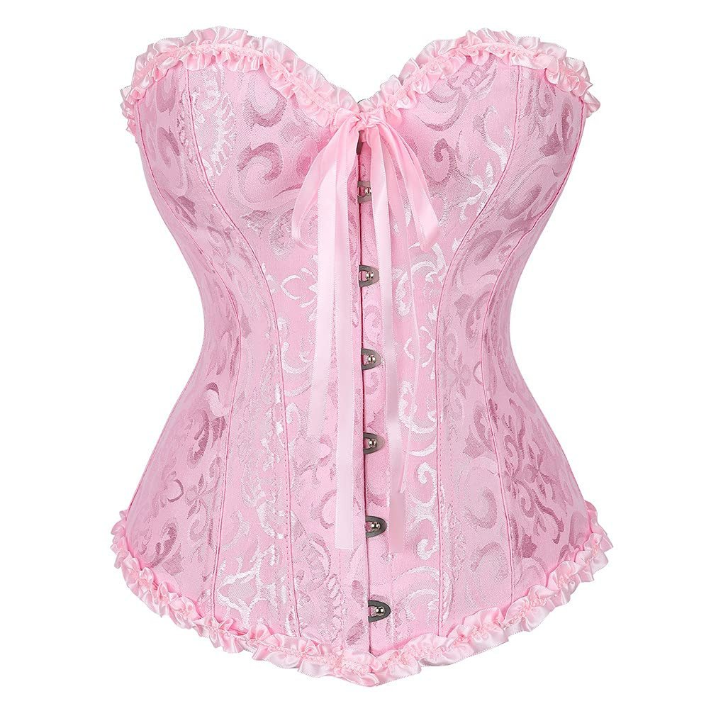 Women's Lacing Corset Top Satin Floral Boned Overbust Body Shaper Bustier