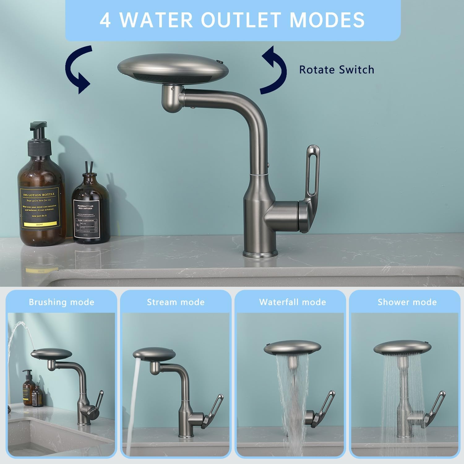 Bathroom Sink Faucet 1 Hole, Chrome Multifunctional Basin Faucet with 4 Water Outlet Modes, Modern 360°Rotatable Bar Tap with Two Water Supply Pipes