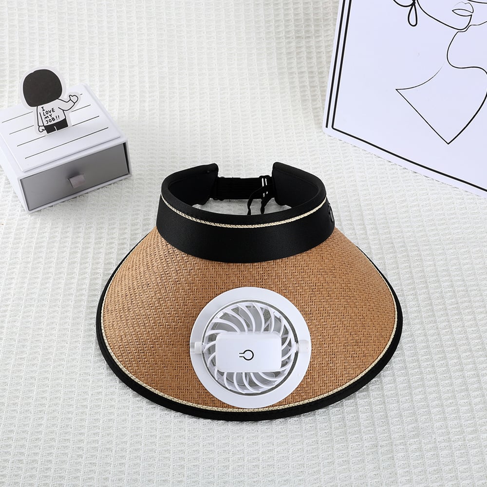 Sun hat with fan, hollow top, large brim, three-level adjustable