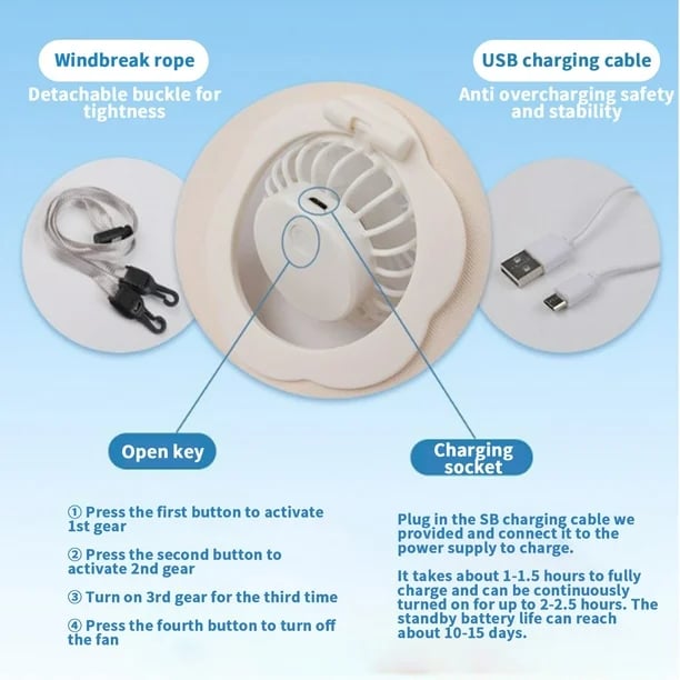 Sun hat with fan, hollow top, large brim, three-level adjustable