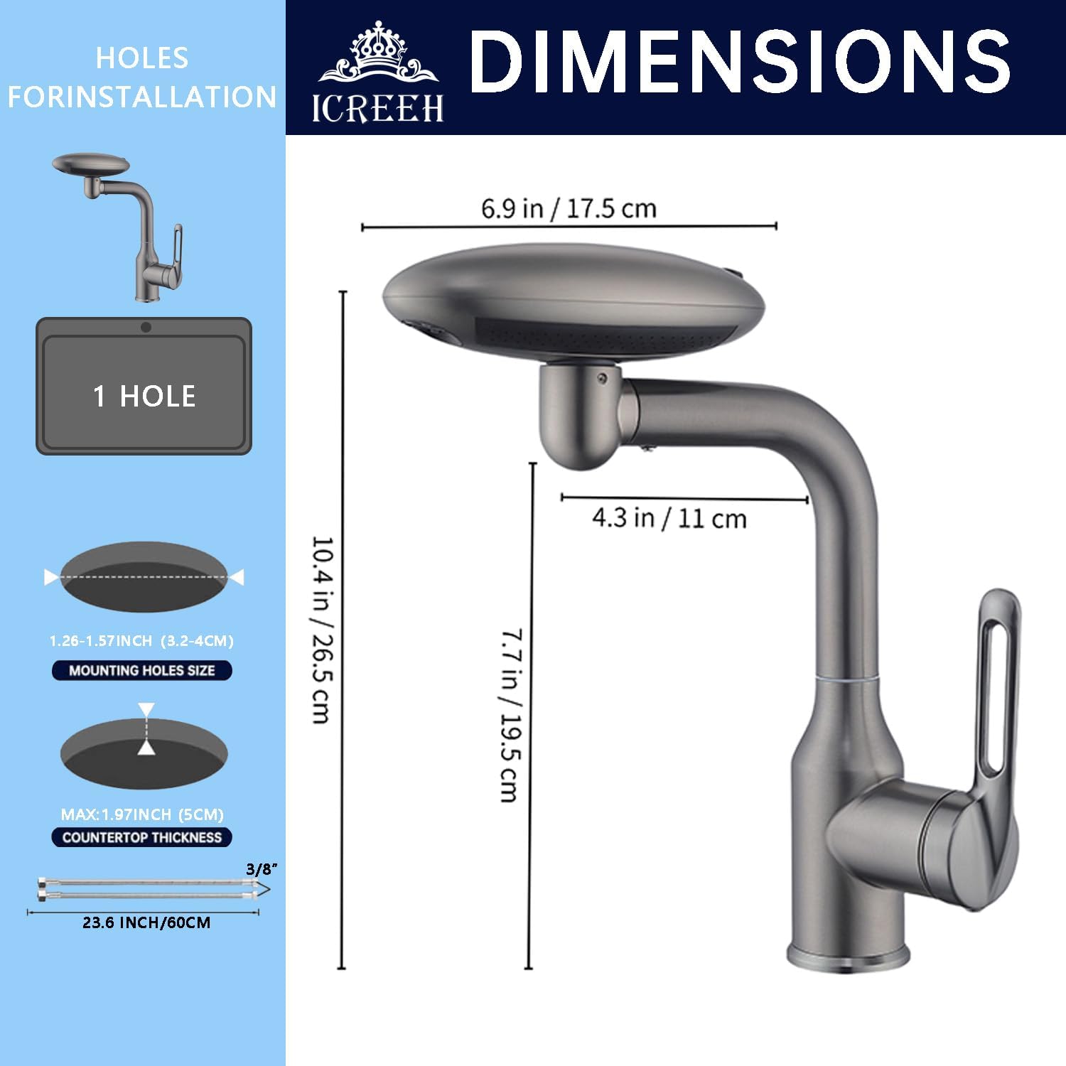 Bathroom Sink Faucet 1 Hole, Chrome Multifunctional Basin Faucet with 4 Water Outlet Modes, Modern 360°Rotatable Bar Tap with Two Water Supply Pipes