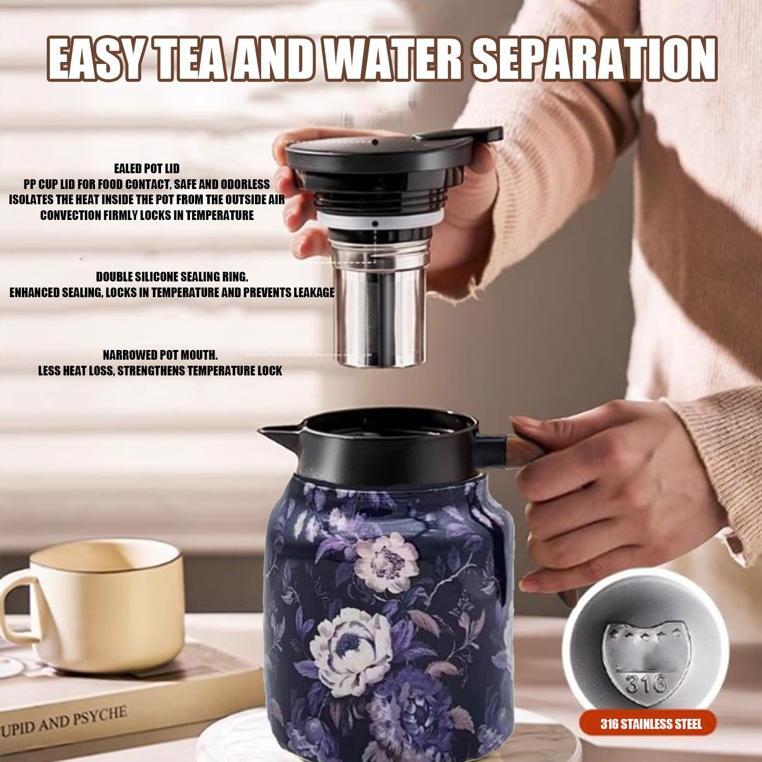 28 Oz Vintage Floral Pattern Tea Thermos – Built-In Infuser