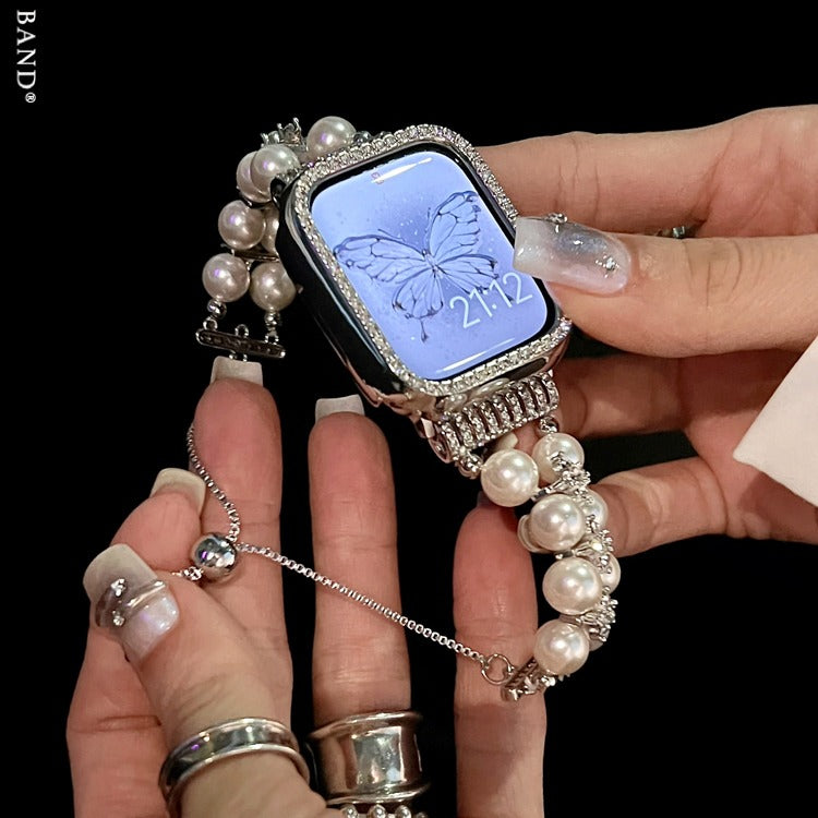 Pulsera de perlas de diamantes de imitación con caja de diamantes de imitación para Apple Watch