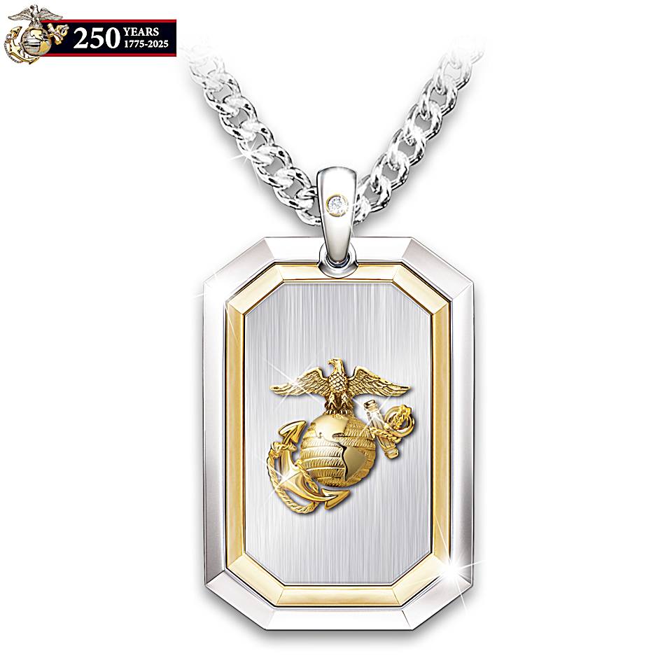 USMC Veteran Dog Tag Necklace With Diamond