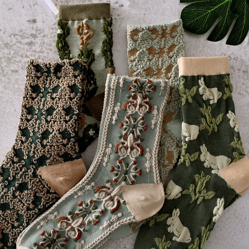 50%OFF-5 Pairs Womens Floral Cotton Socks