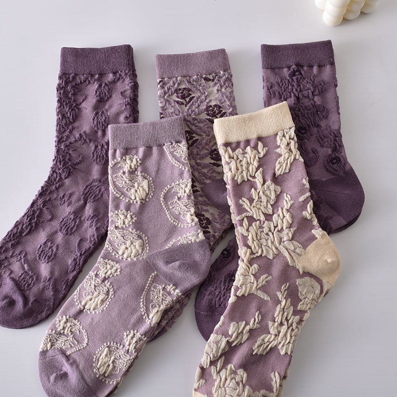 50%OFF-5 Pairs Women's Purple Vintage Floral Cotton Socks