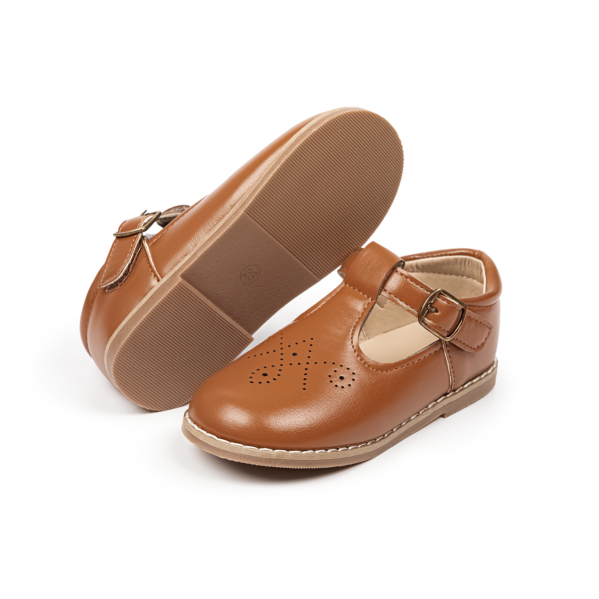 HM2903 Light Brown Breathable Patterned Style Kids T-bar Shoes