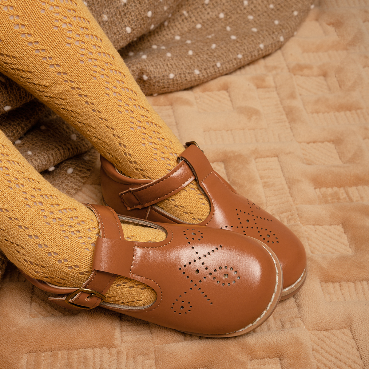 HM2903 Light Brown Breathable Patterned Style Kids T-bar Shoes