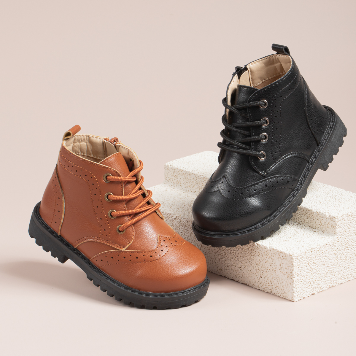 HM2401 Lace-up PU Leather Kids Boots With Side Zipper?