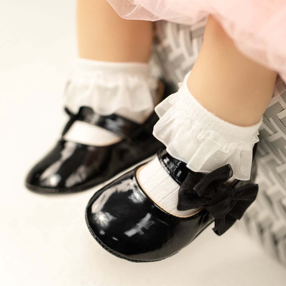 Meckior Baby Girls Shoes Infant Mary Jane Dress Bowknot Princess Crib Flats for Newborn First Walkers 3-18 Months
