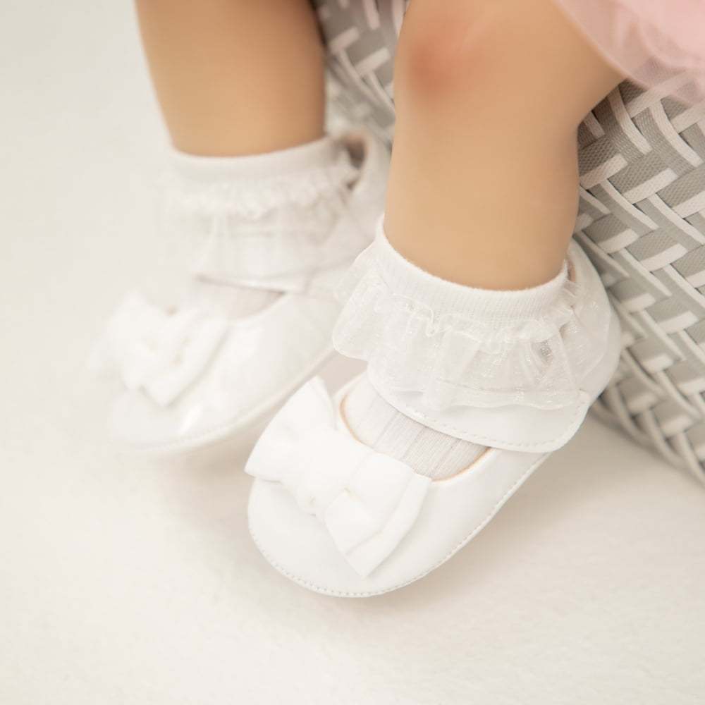 Meckior Baby Girls Shoes Infant Mary Jane Dress Bowknot Princess Crib Flats for Newborn First Walkers 3-18 Months