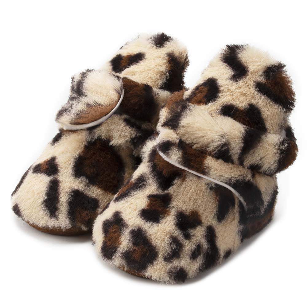 Plush Fluffy Leopard Indoor Winter Booties For Baby