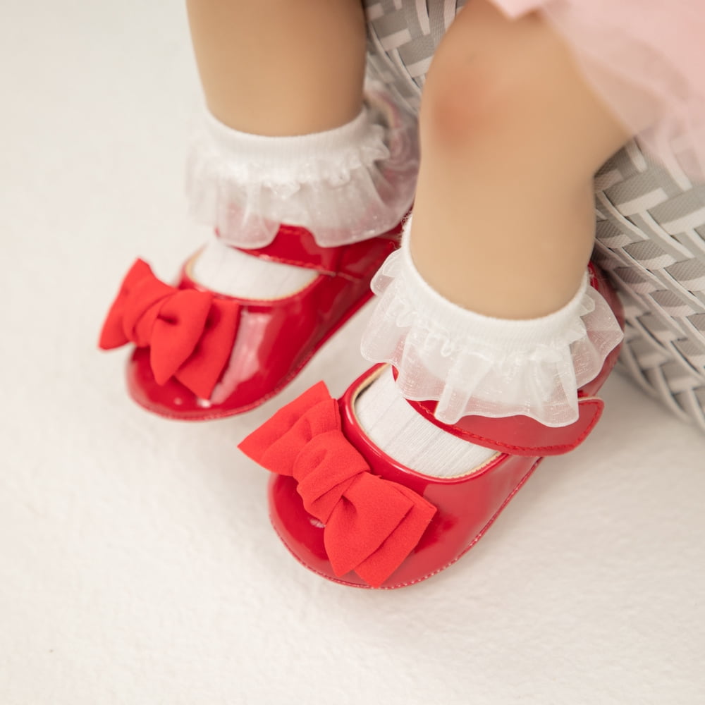 Meckior Baby Girls Shoes Infant Mary Jane Dress Bowknot Princess Crib Flats for Newborn First Walkers 3-18 Months