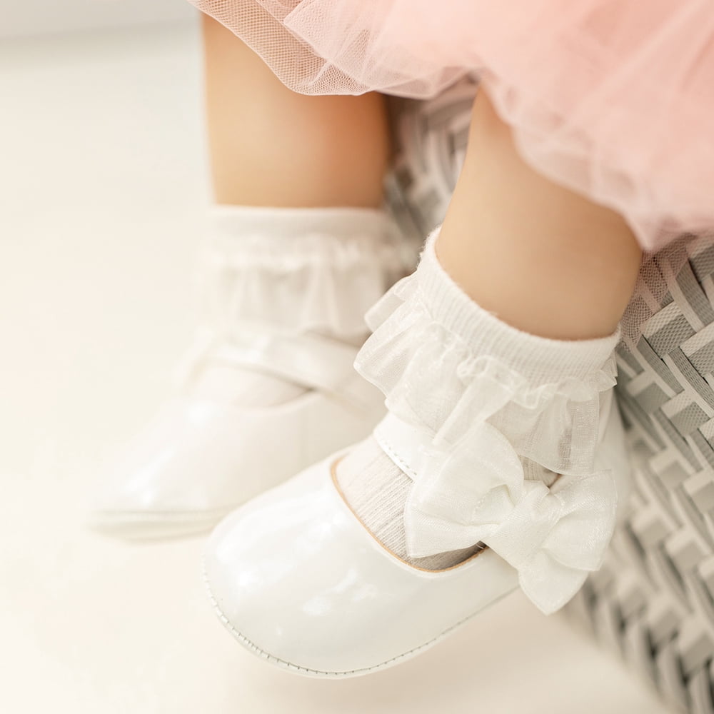 Meckior Baby Girls Shoes Infant Mary Jane Dress Bowknot Princess Crib Flats for Newborn First Walkers 3-18 Months