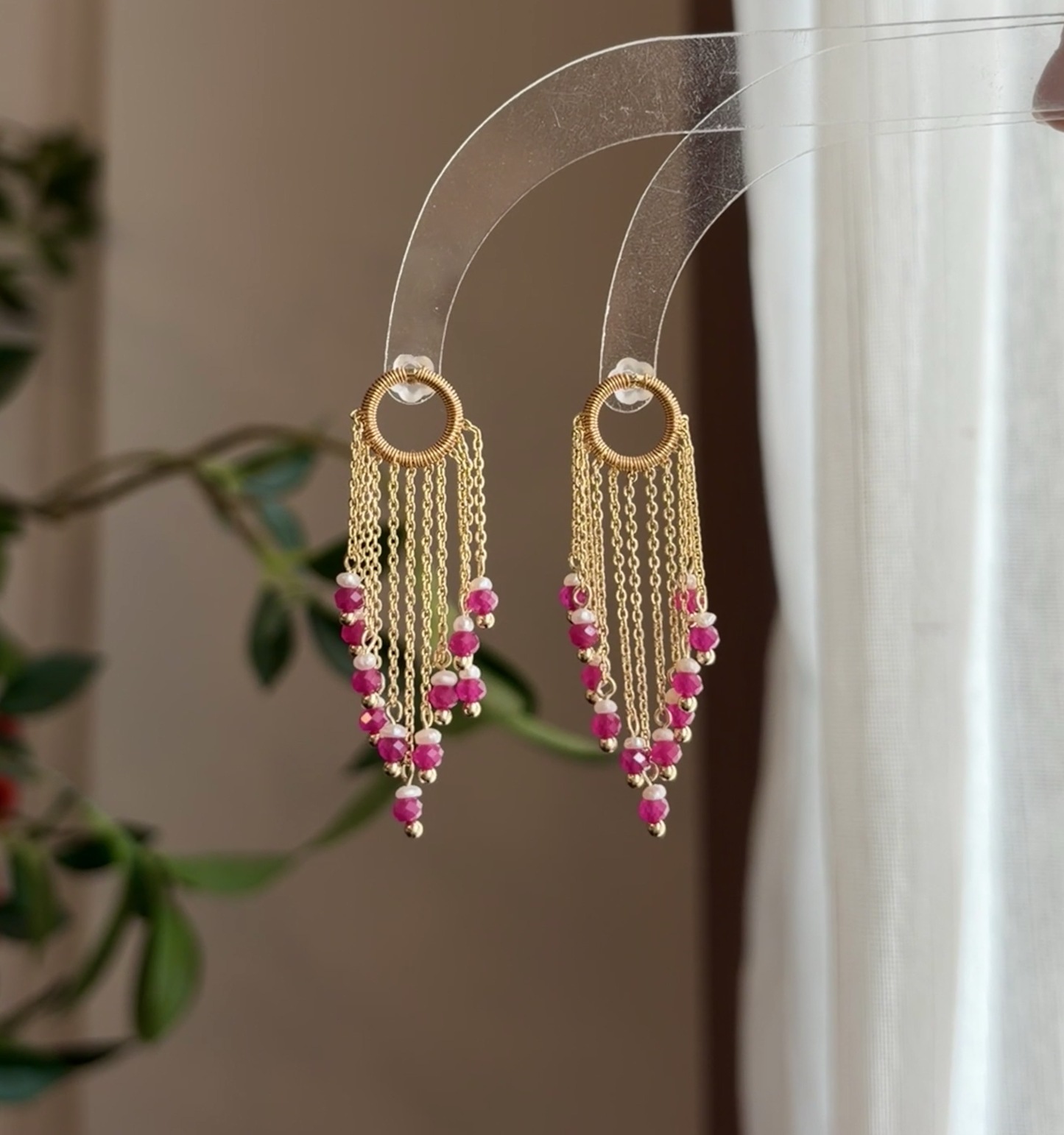 Handmade Ruby and Pearl Tassel Earrings Gold Fringe Statement Earrings Boho Luxury Jewelry