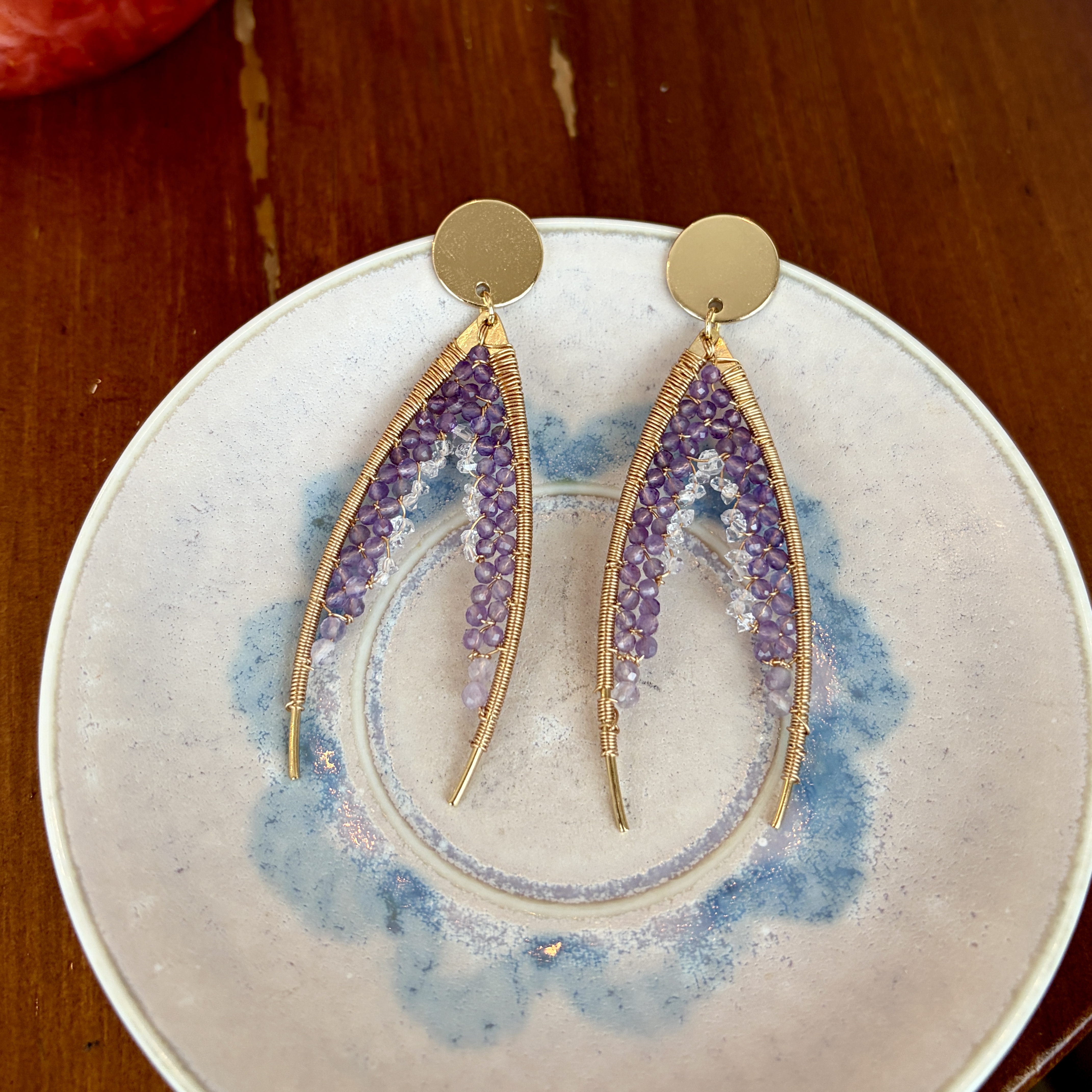 Handmade Amethyst and Herkimer Diamond Wire Wrapped Statement Fishtail Earrings 