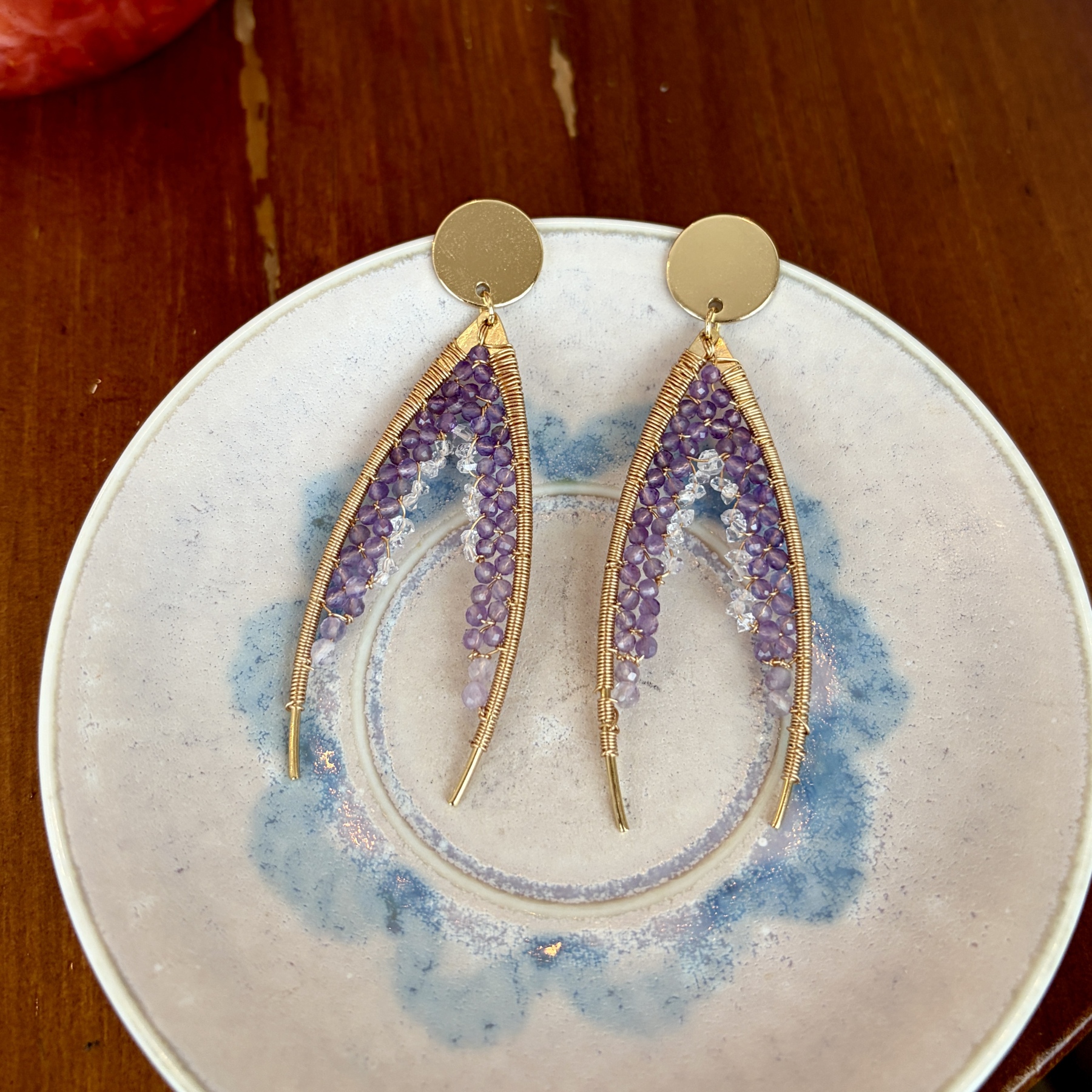 Handmade Amethyst and Herkimer Diamond Wire Wrapped Statement Fishtail Earrings 