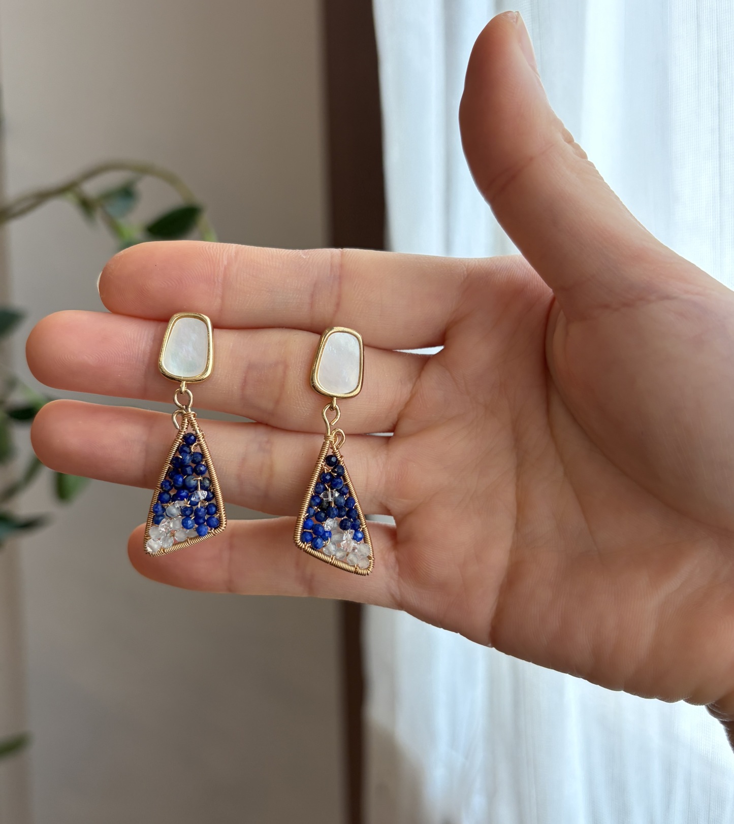 Handmade Lapis Lazuli, Aquamarine and Herkimer Diamond Wirewrapped Night Sky Earrings 