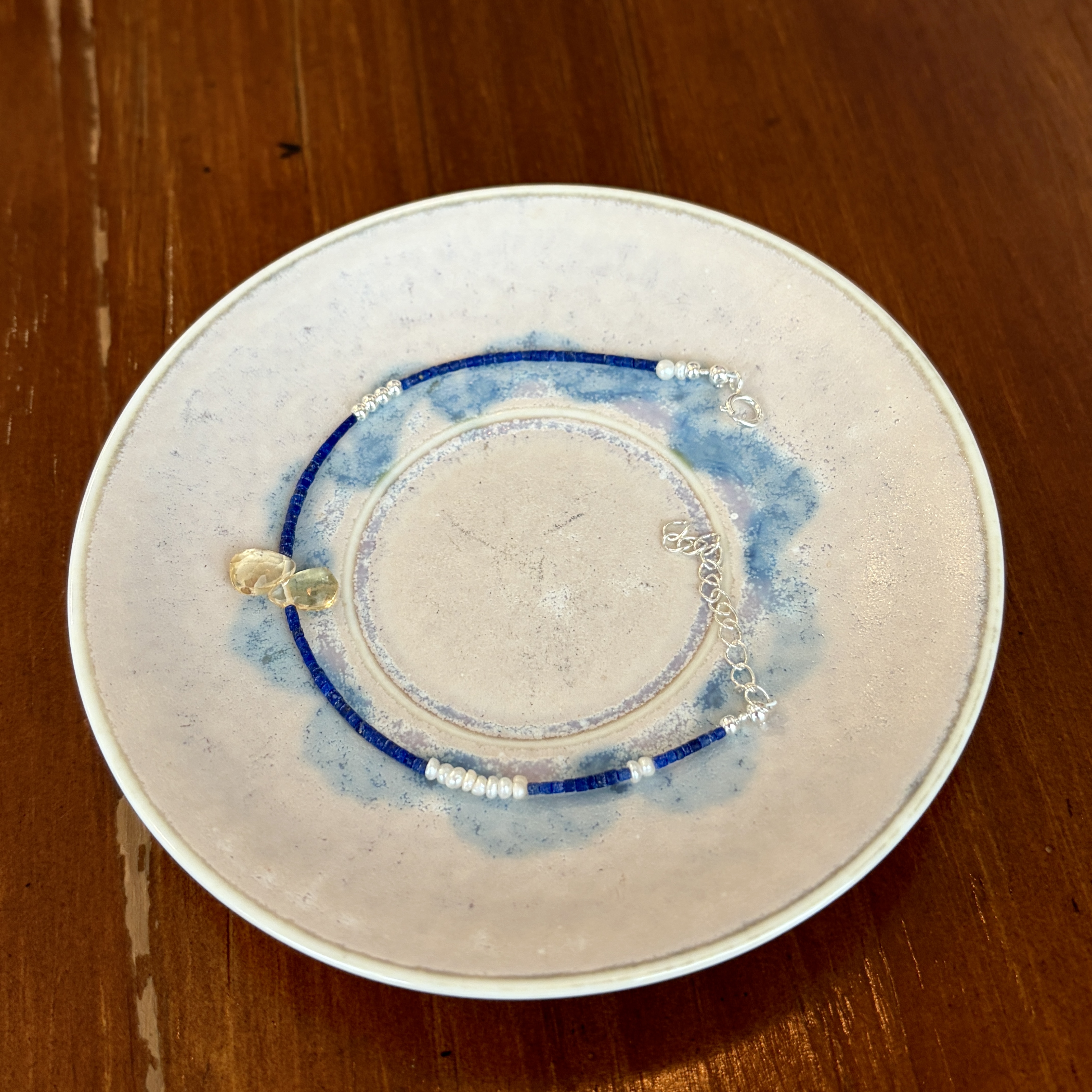 Handmade Tiny Lapis Lazuli and Pearls Bracelet with CitrineTeardrop Charms