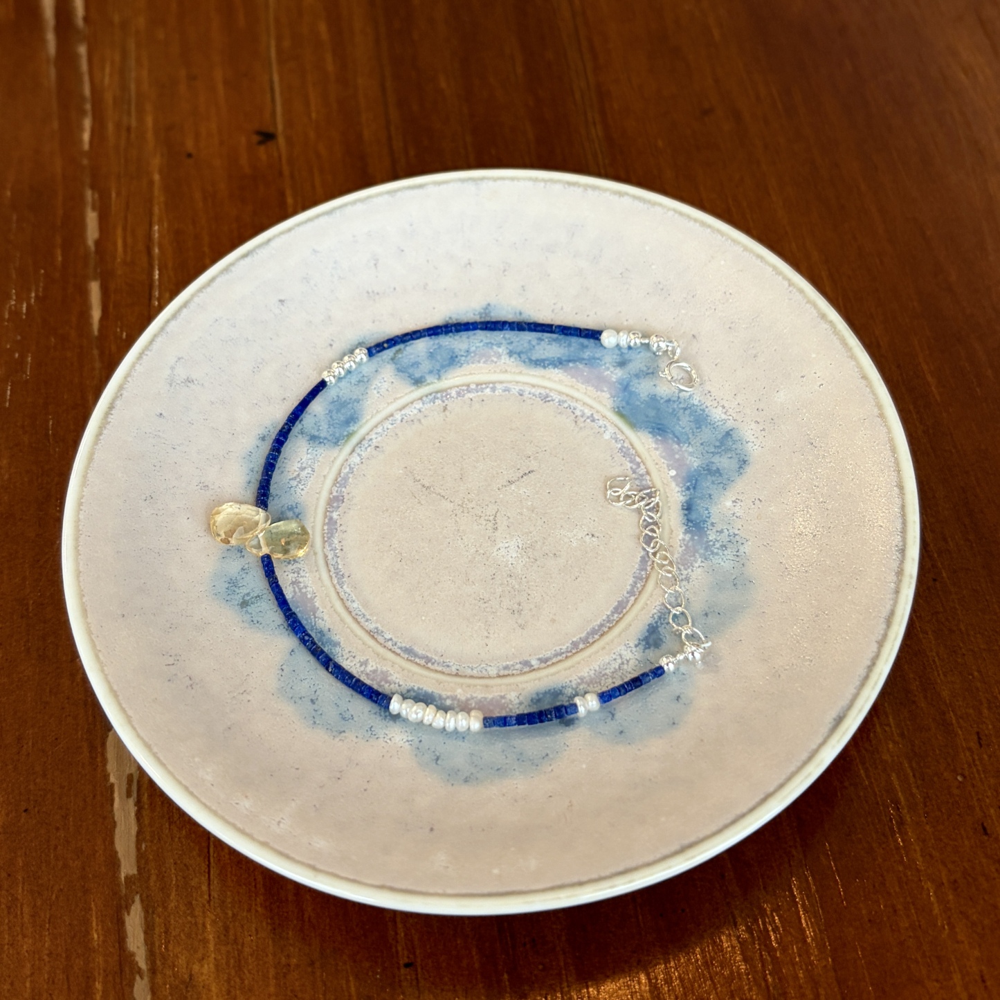 Handmade Tiny Lapis Lazuli and Pearls Bracelet with CitrineTeardrop Charms