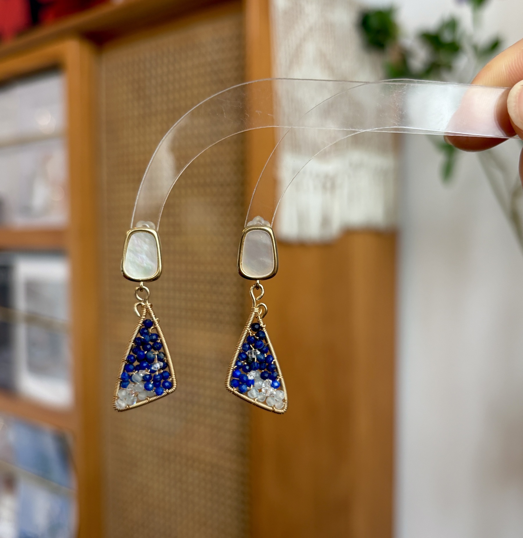 Handmade Lapis Lazuli, Aquamarine and Herkimer Diamond Wirewrapped Night Sky Earrings 