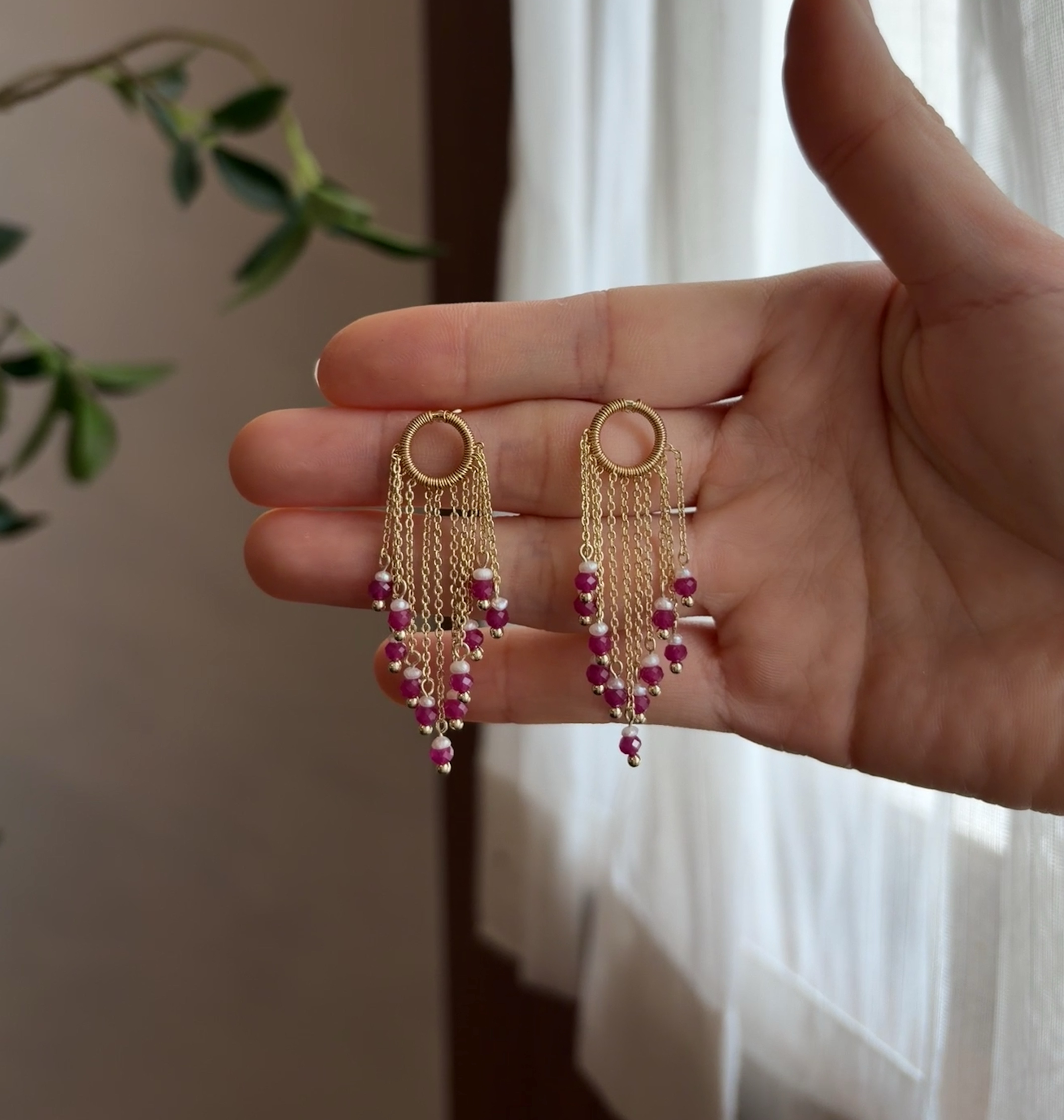 Handmade Ruby and Pearl Tassel Earrings Gold Fringe Statement Earrings Boho Luxury Jewelry