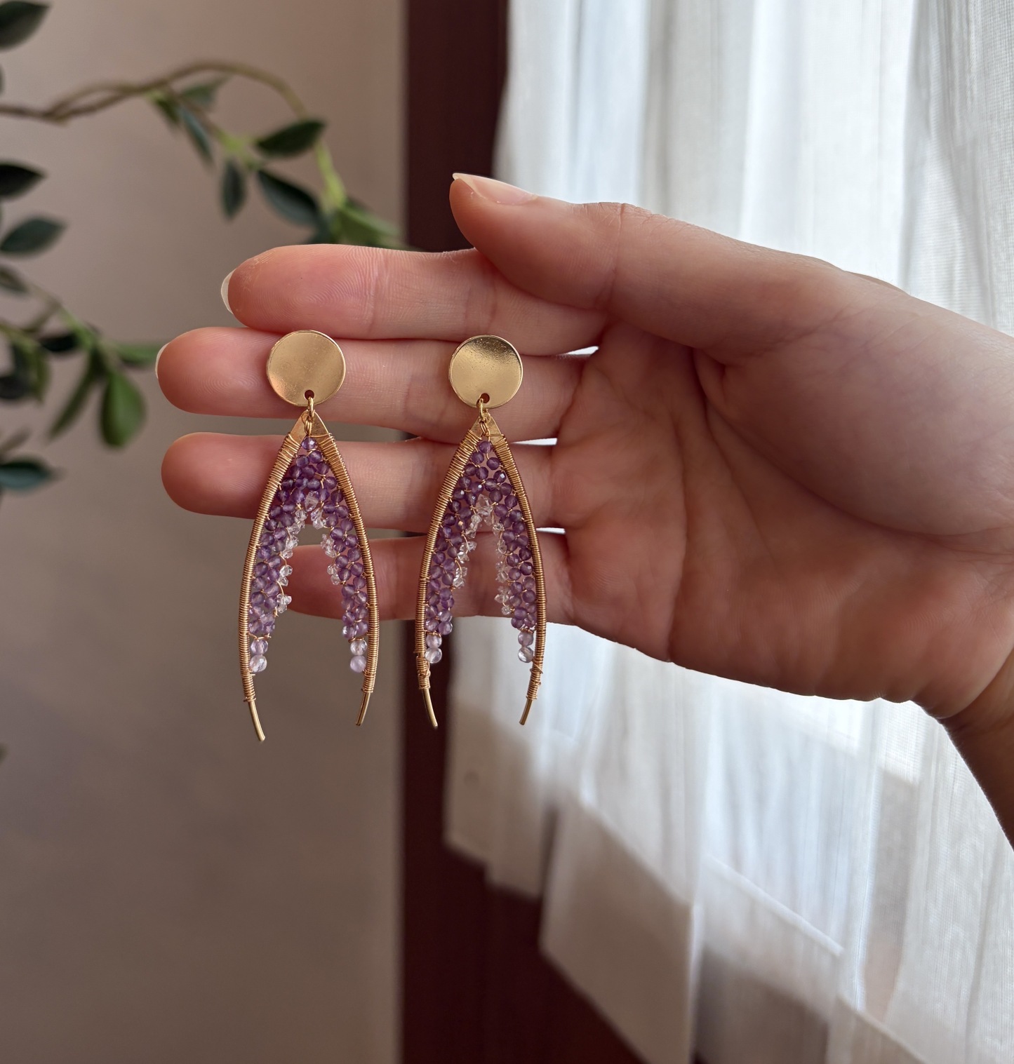 Handmade Amethyst and Herkimer Diamond Wire Wrapped Statement Fishtail Earrings 