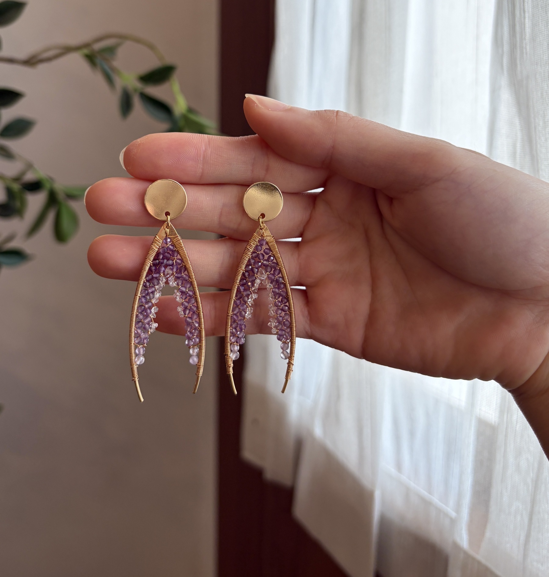 Handmade Amethyst and Herkimer Diamond Wire Wrapped Statement Fishtail Earrings 