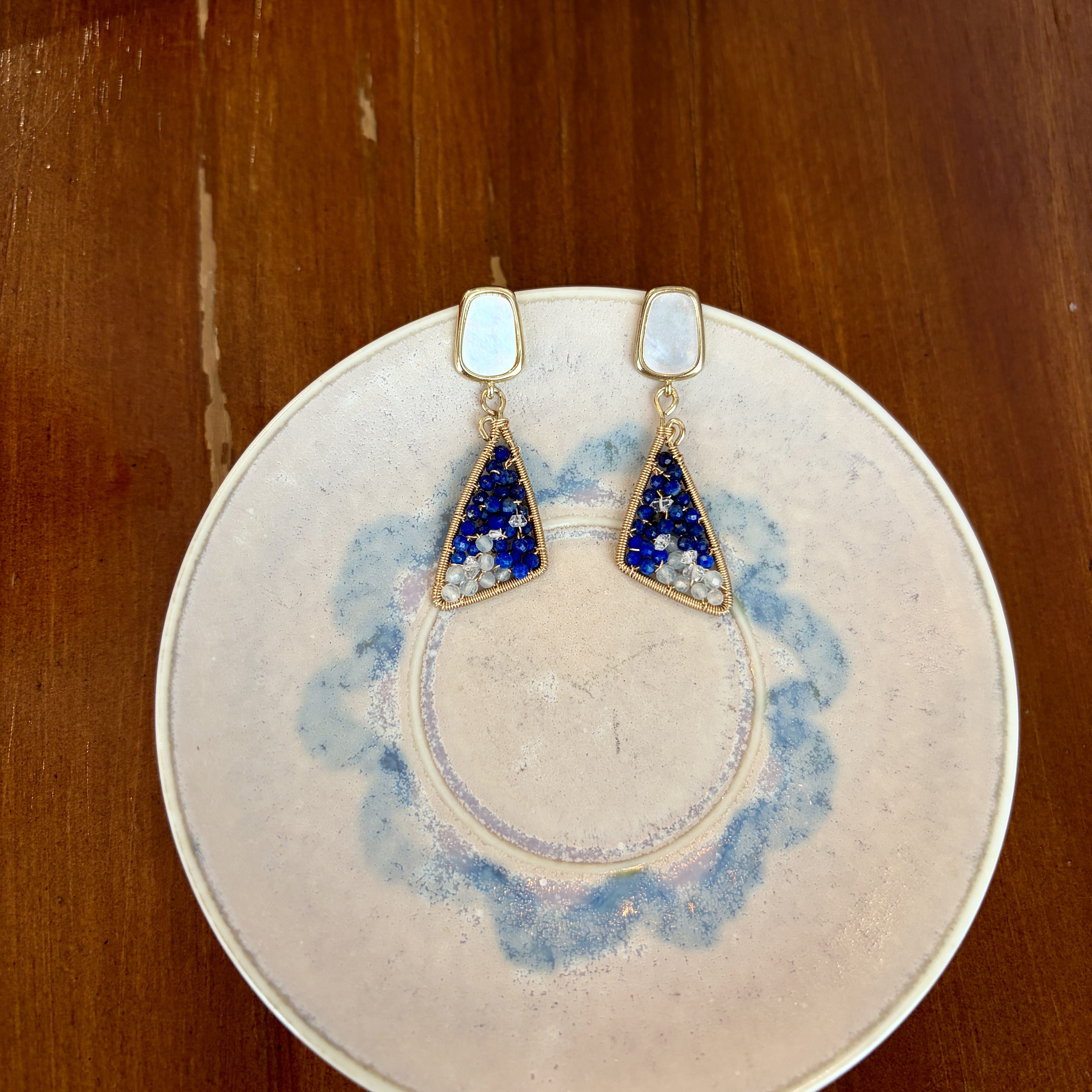 Handmade Lapis Lazuli, Aquamarine and Herkimer Diamond Wirewrapped Night Sky Earrings 