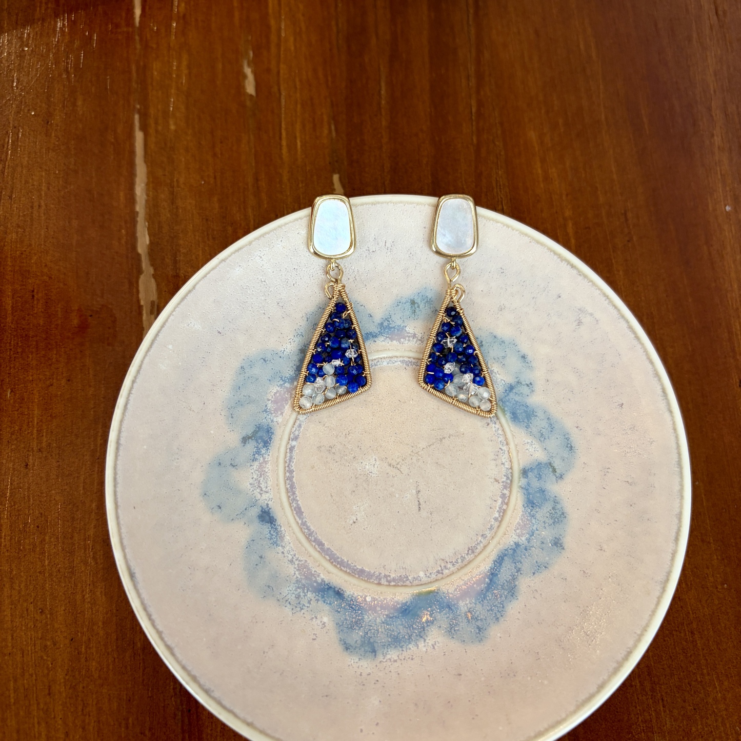 Handmade Lapis Lazuli, Aquamarine and Herkimer Diamond Wirewrapped Night Sky Earrings 