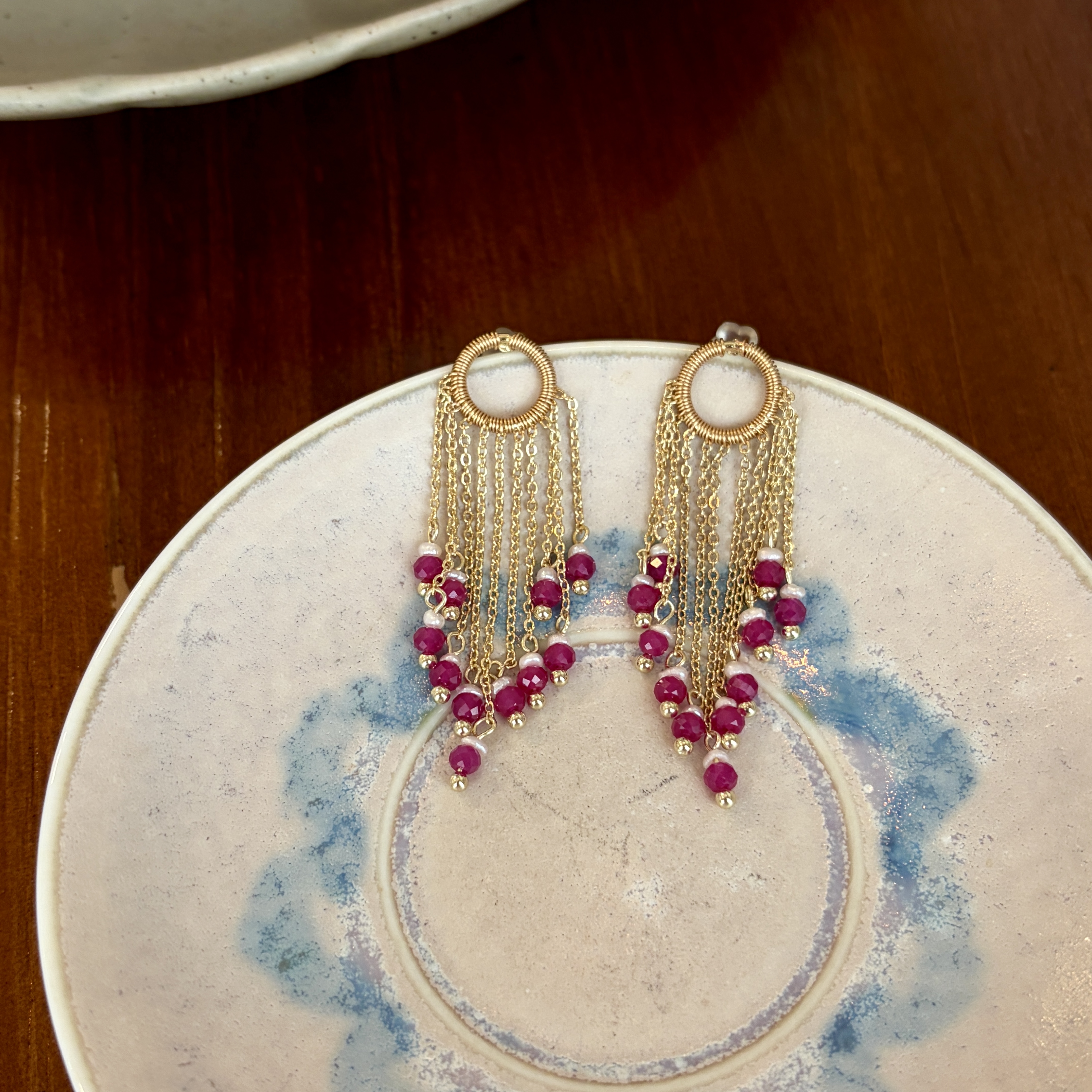 Handmade Ruby and Pearl Tassel Earrings Gold Fringe Statement Earrings Boho Luxury Jewelry