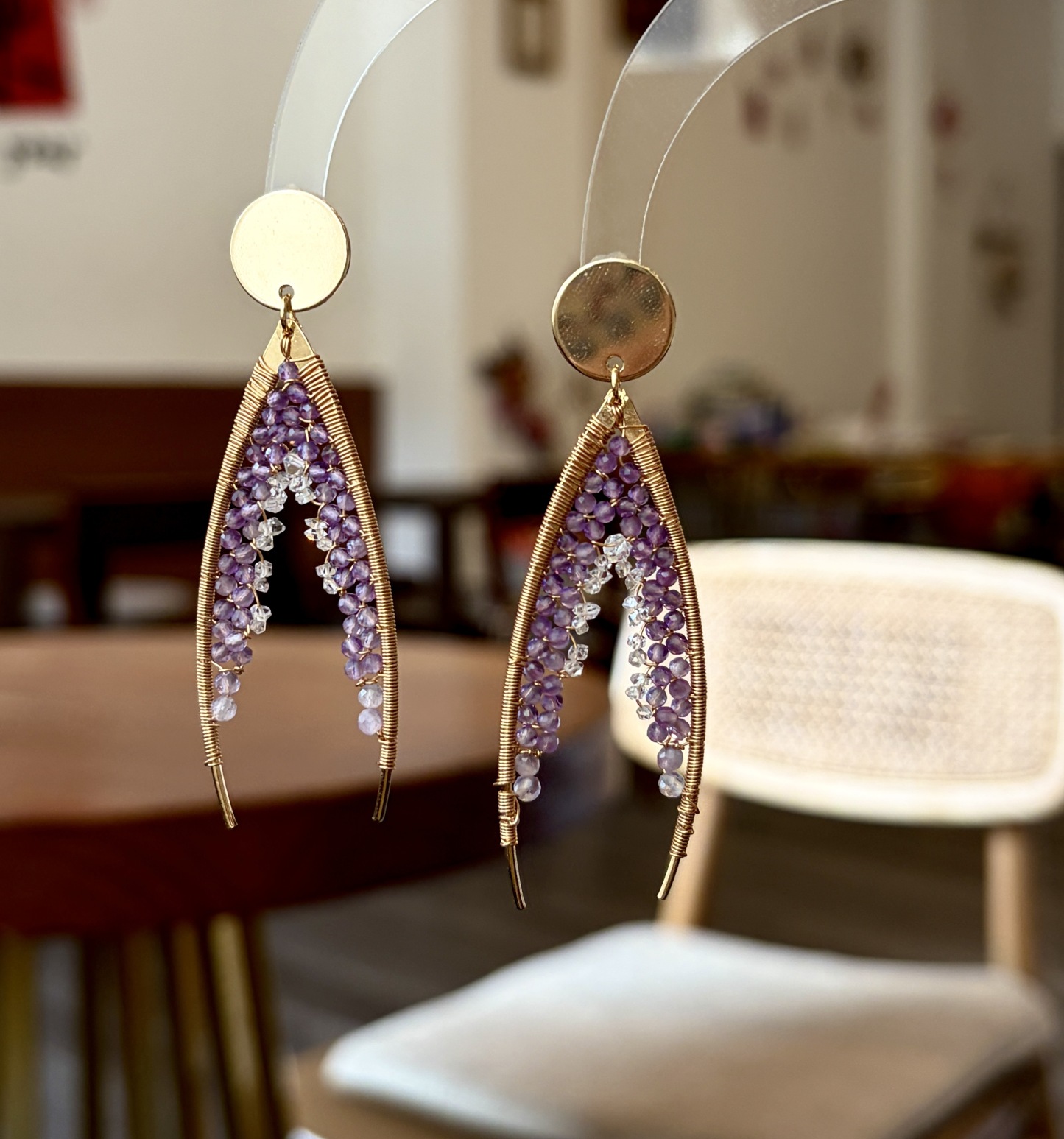 Handmade Amethyst and Herkimer Diamond Wire Wrapped Statement Fishtail Earrings 