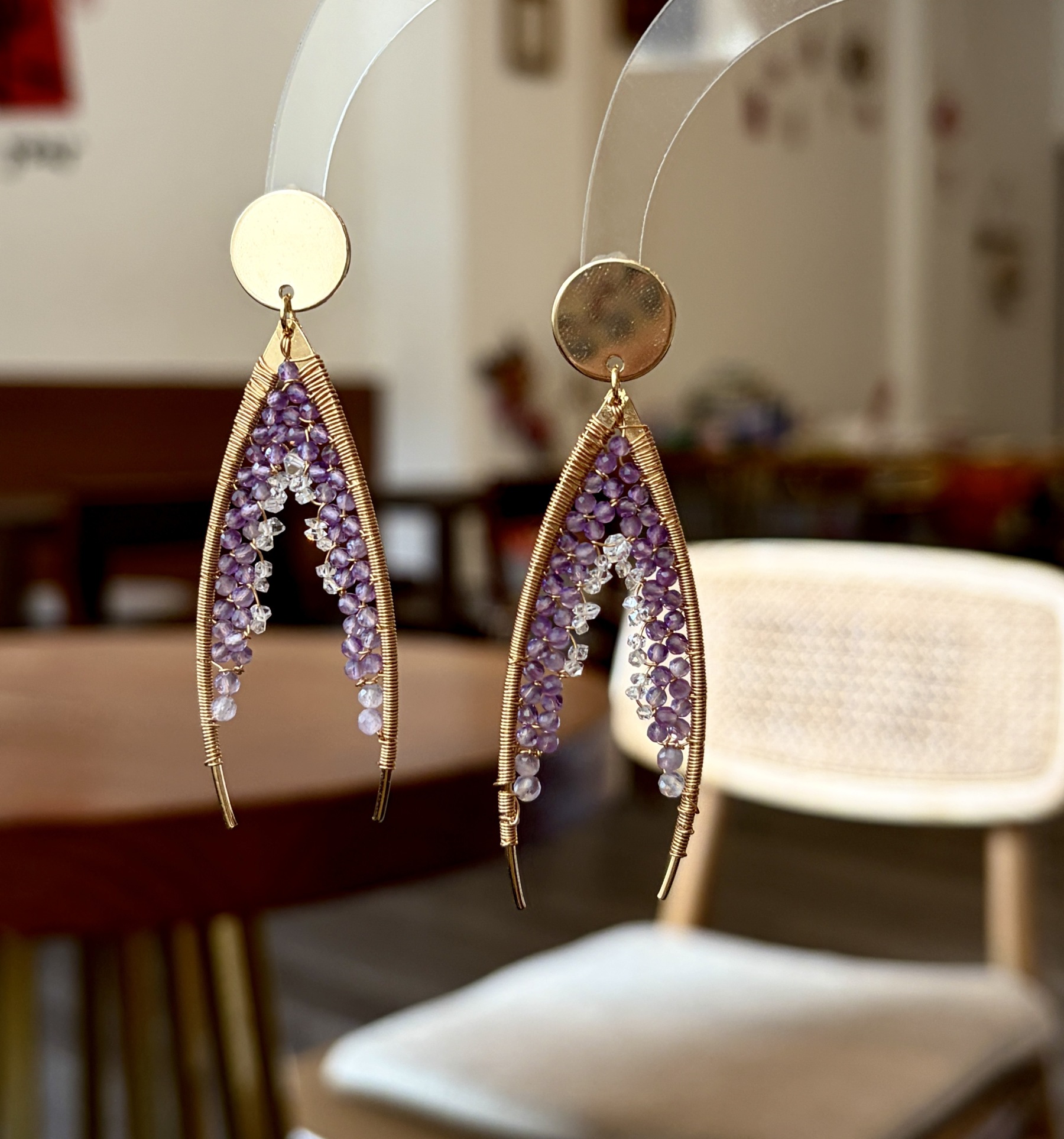 Handmade Amethyst and Herkimer Diamond Wire Wrapped Statement Fishtail Earrings 