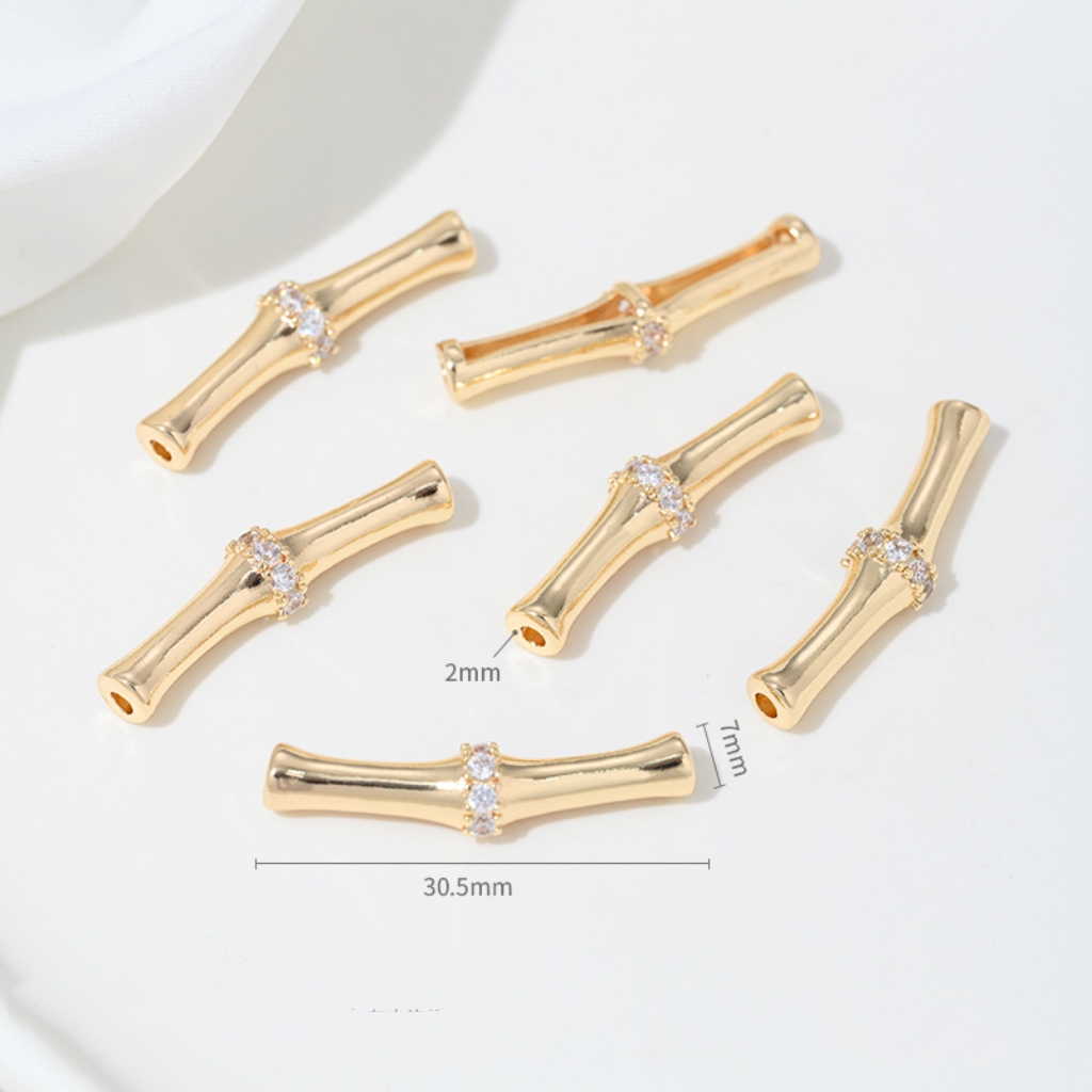Gold Plated Cubic Zirconia Inlaid Bamboo Tube Spacer Beads Connector
