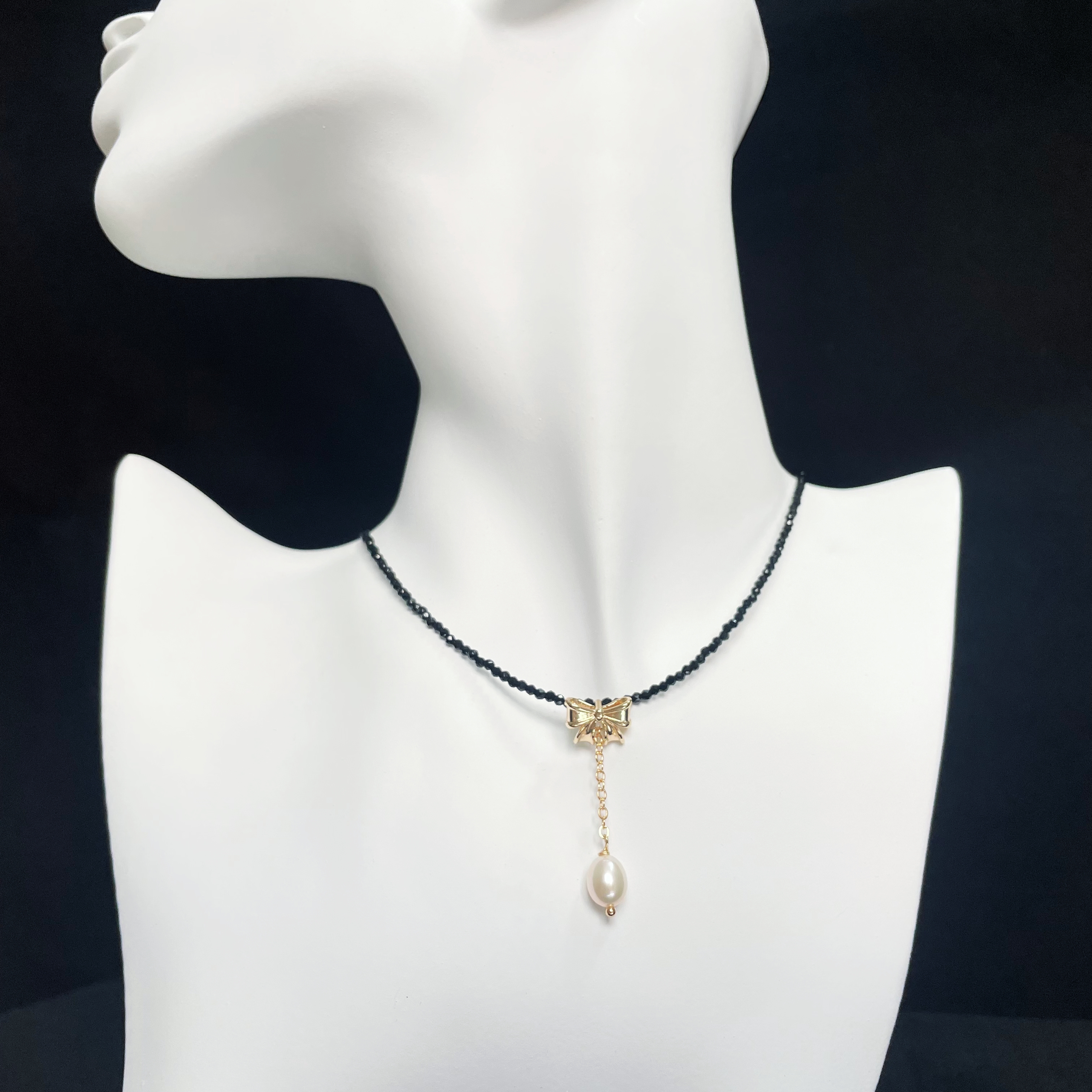 Black Spinel Necklace with Delicate Bow