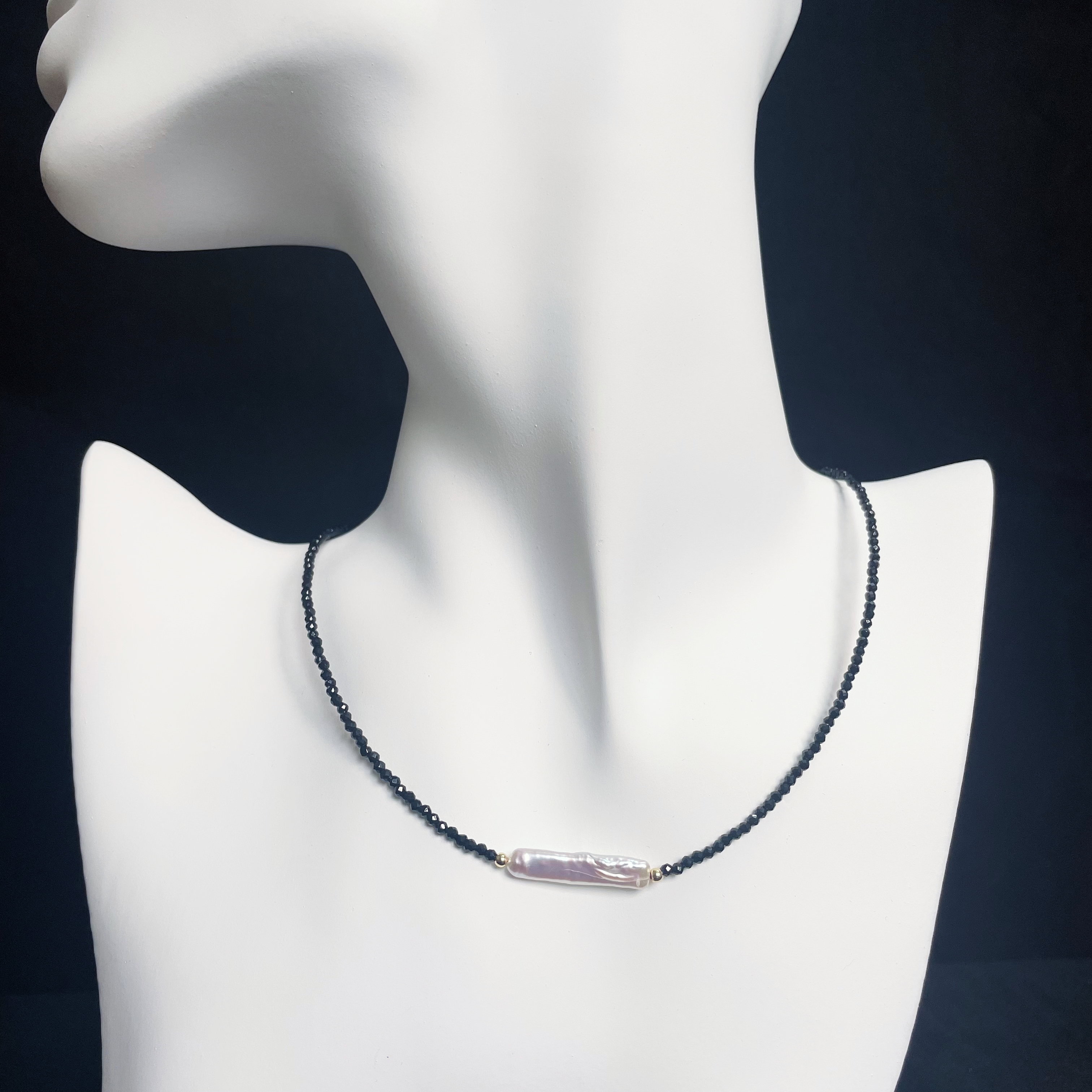 Black Spinel Necklace with Baroque Pearl Bar