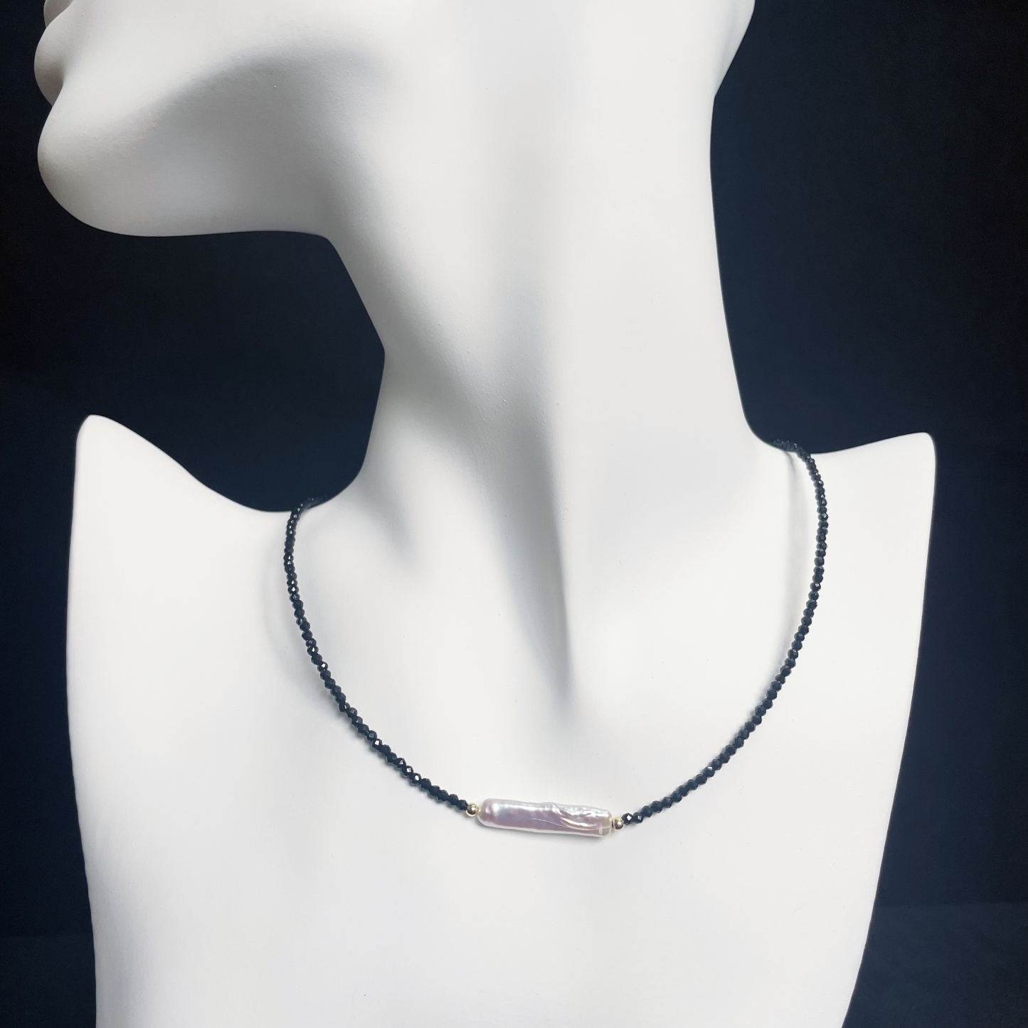 Black Spinel Necklace with Baroque Pearl Bar