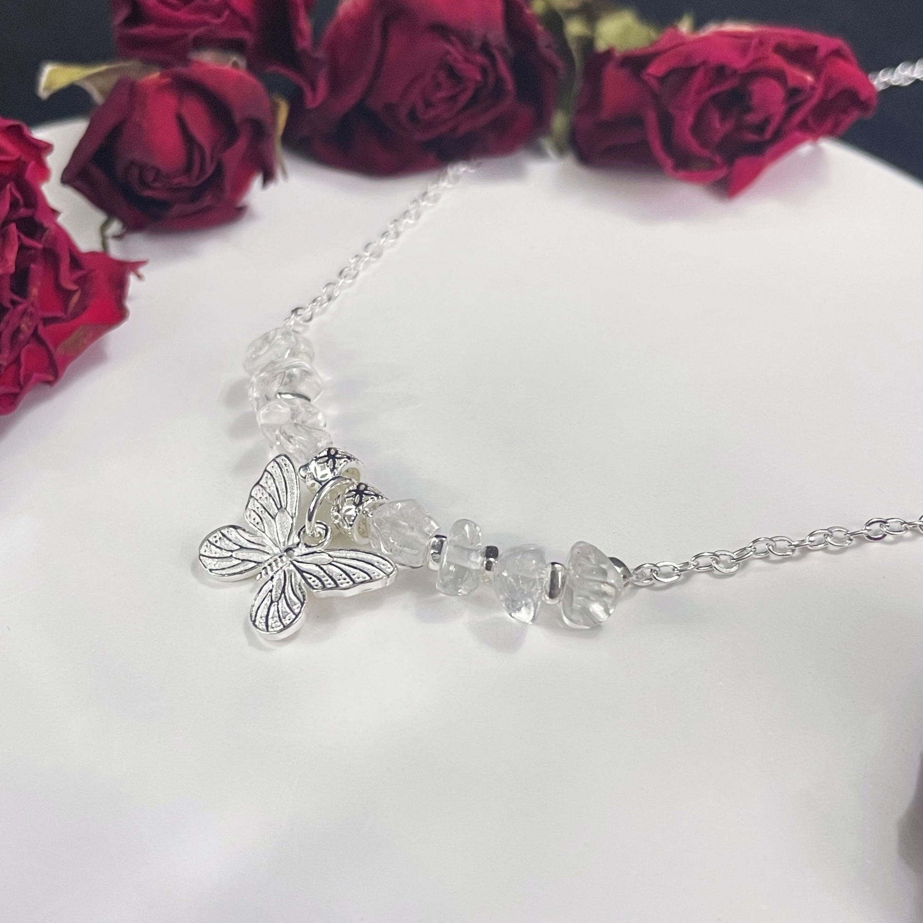 Silver Butterfly Necklace Clear Quartz Necklace