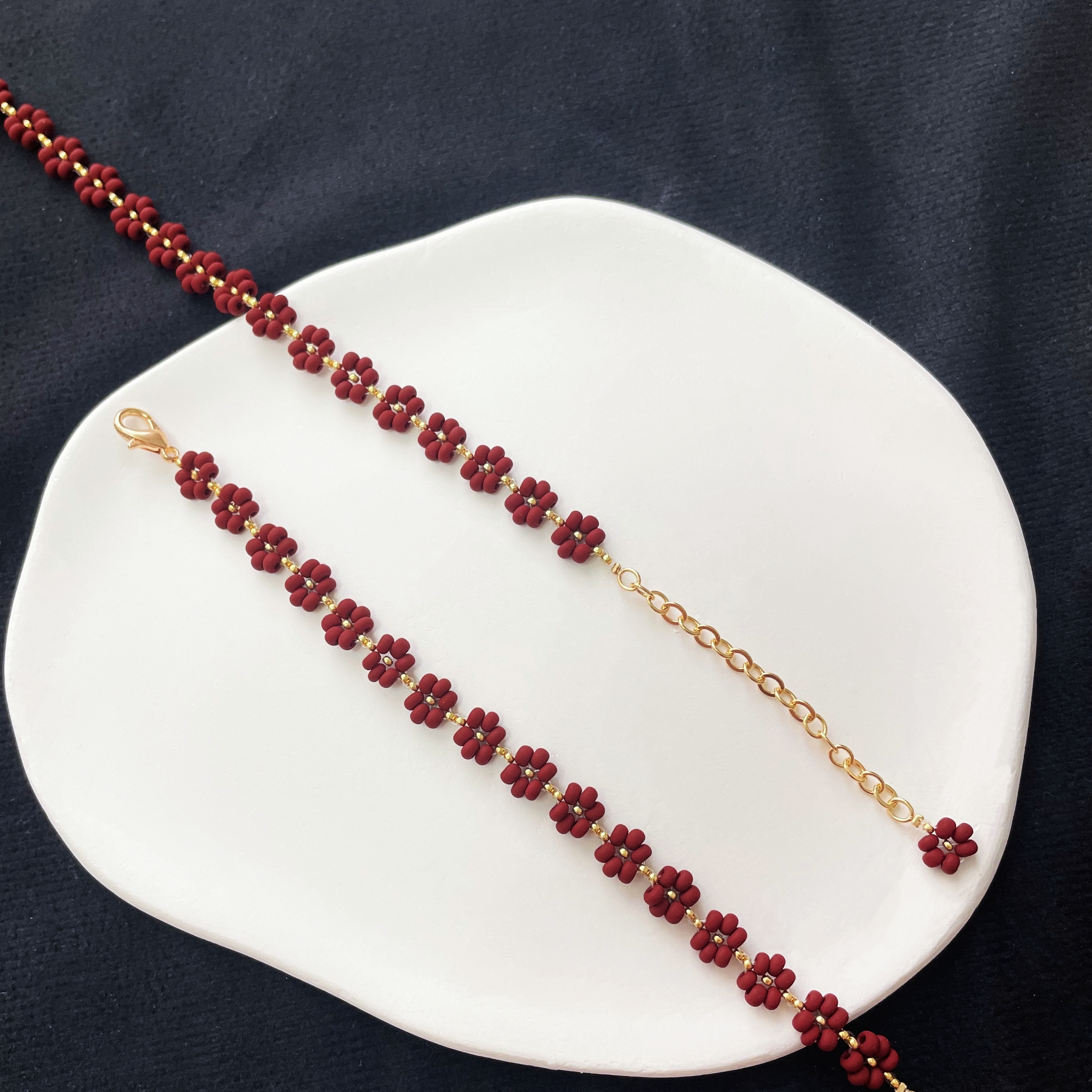 Red Velvety Beads Flowers Bracelet