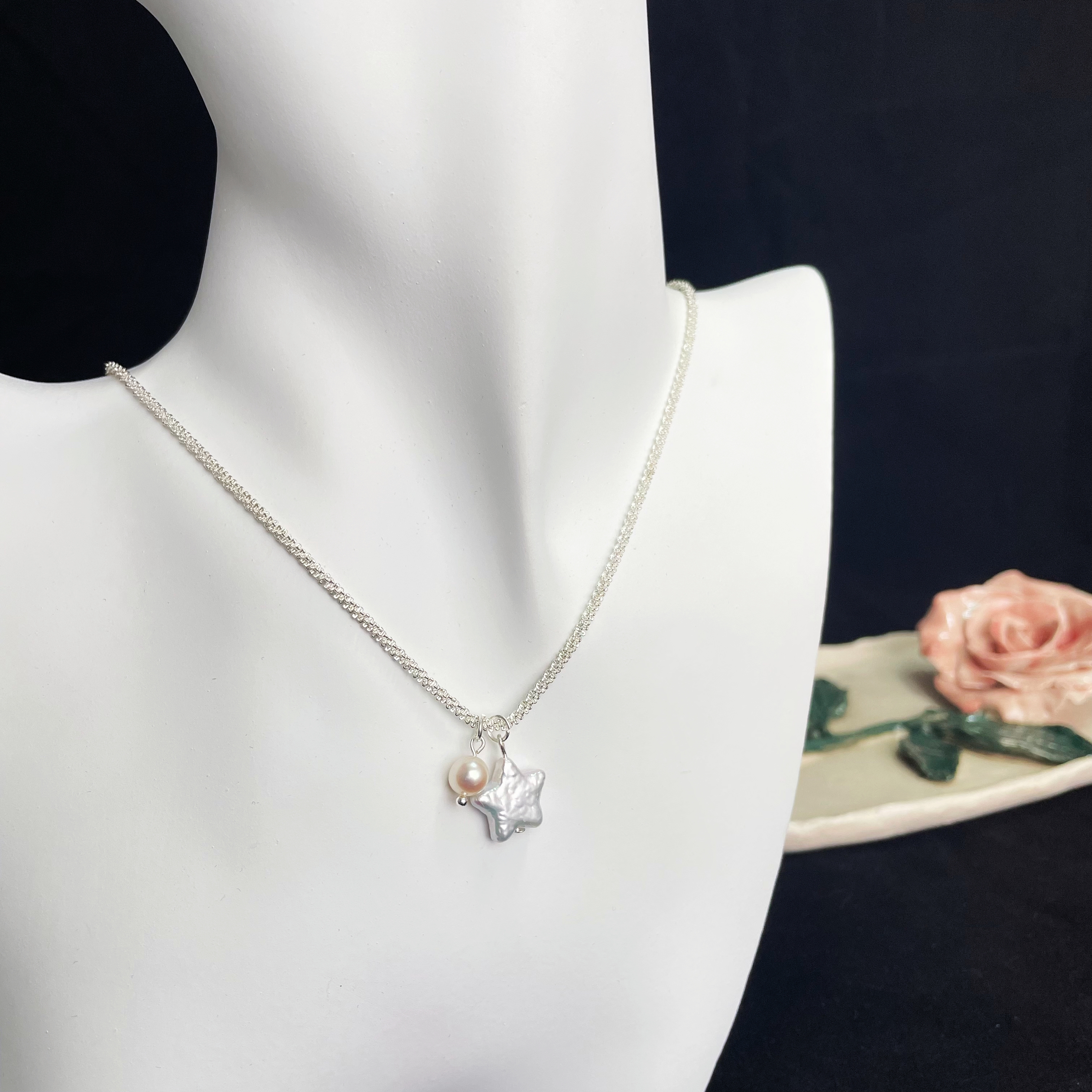 Shimmering Baroque Star Pearl Silver Necklace Starry Elegance