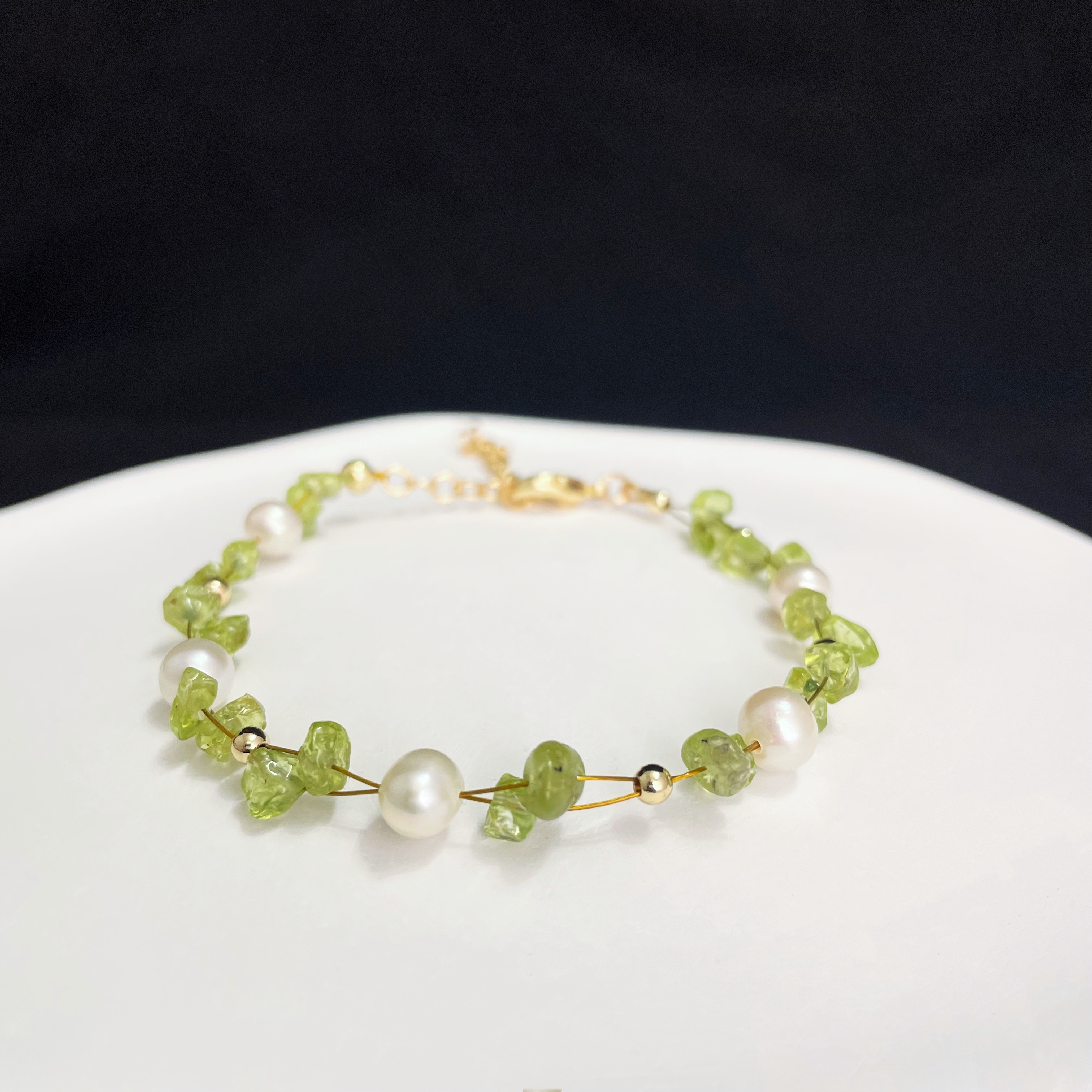Woven Peridot Raw Stones and Freshwater Pearls Bracelet Spring Breeze