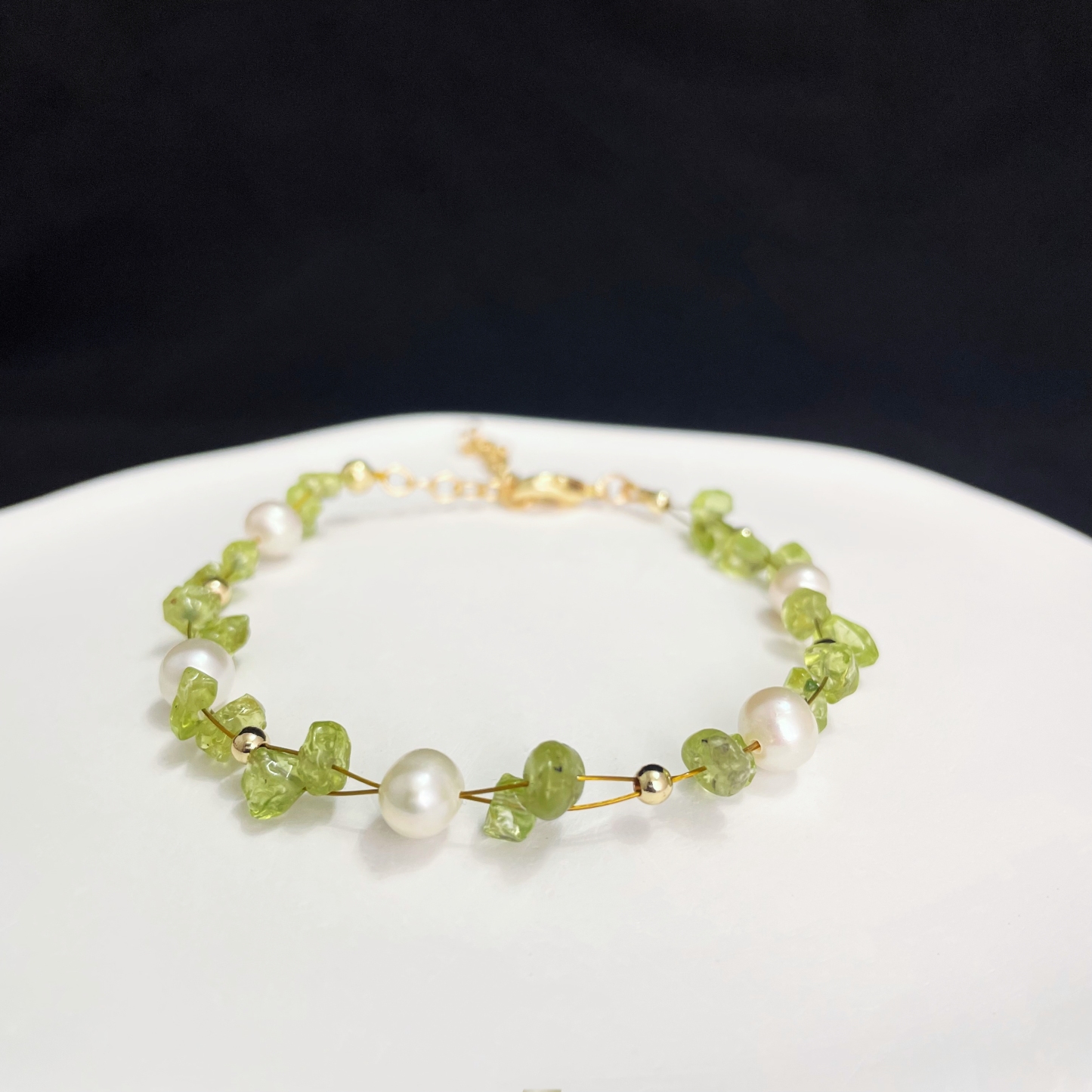 Woven Peridot Raw Stones and Freshwater Pearls Bracelet Spring Breeze