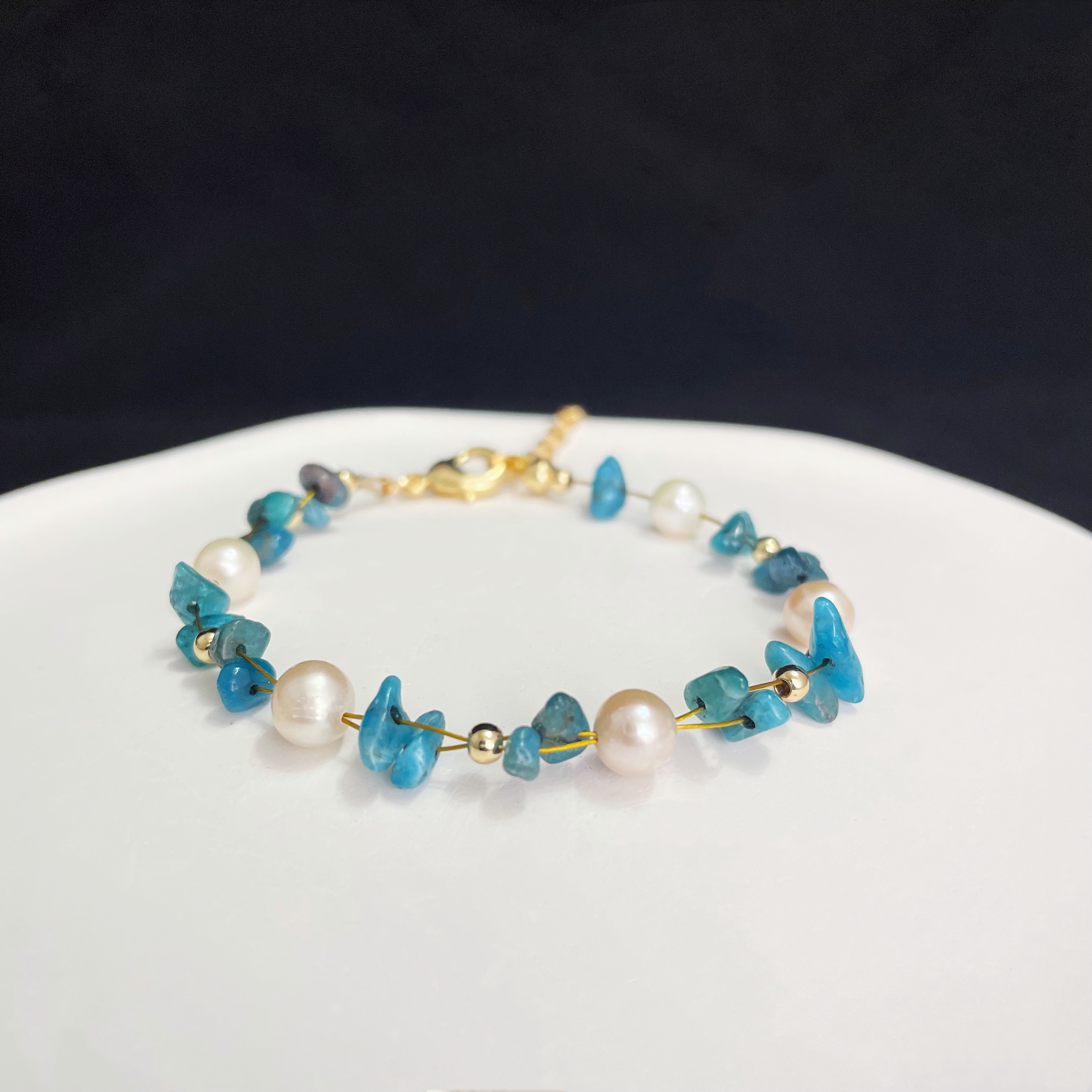  Woven Blue Apatite Raw Stone and Pearls Bracelet